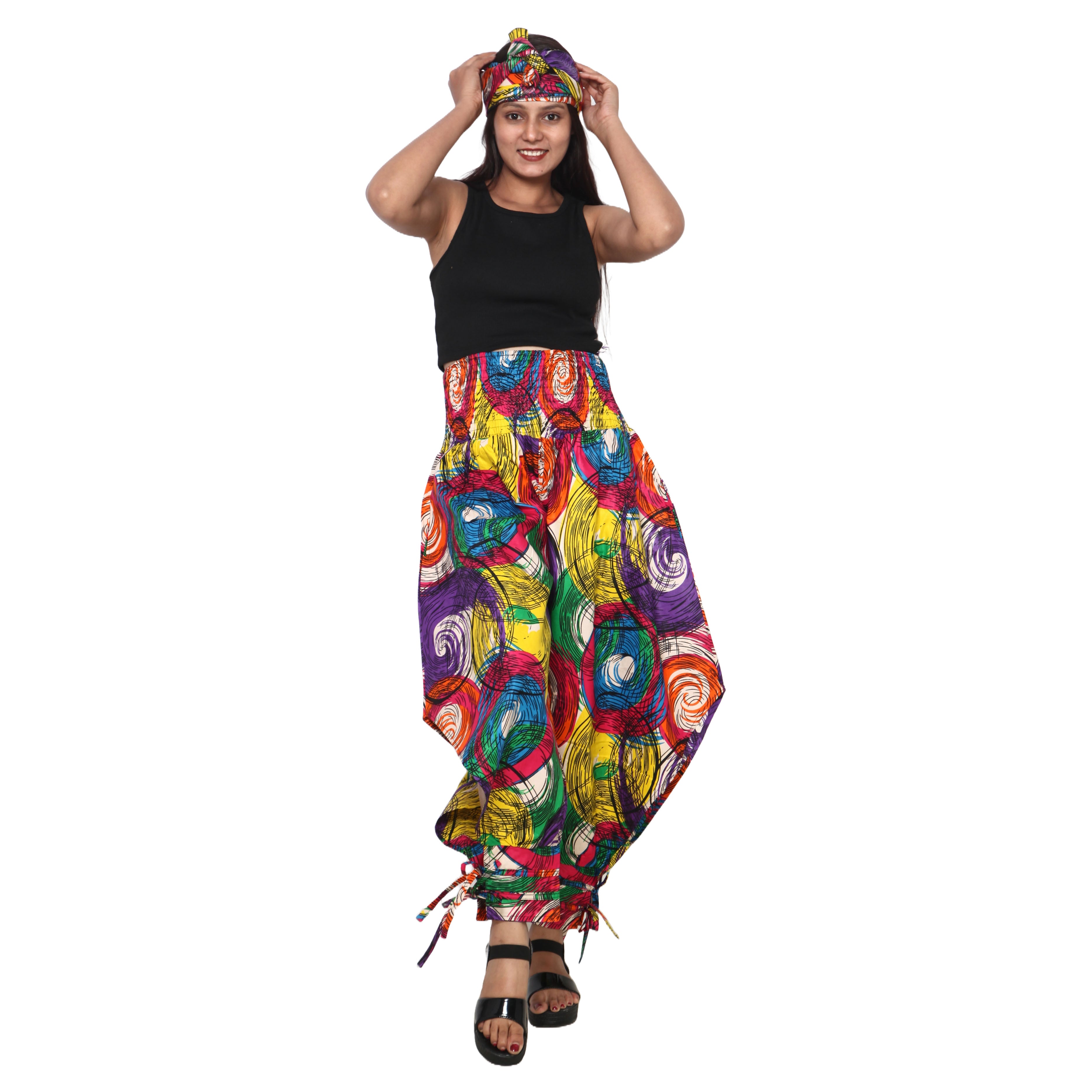 Women's High Waisted Printed Baggy Pants With Tie - FI-140