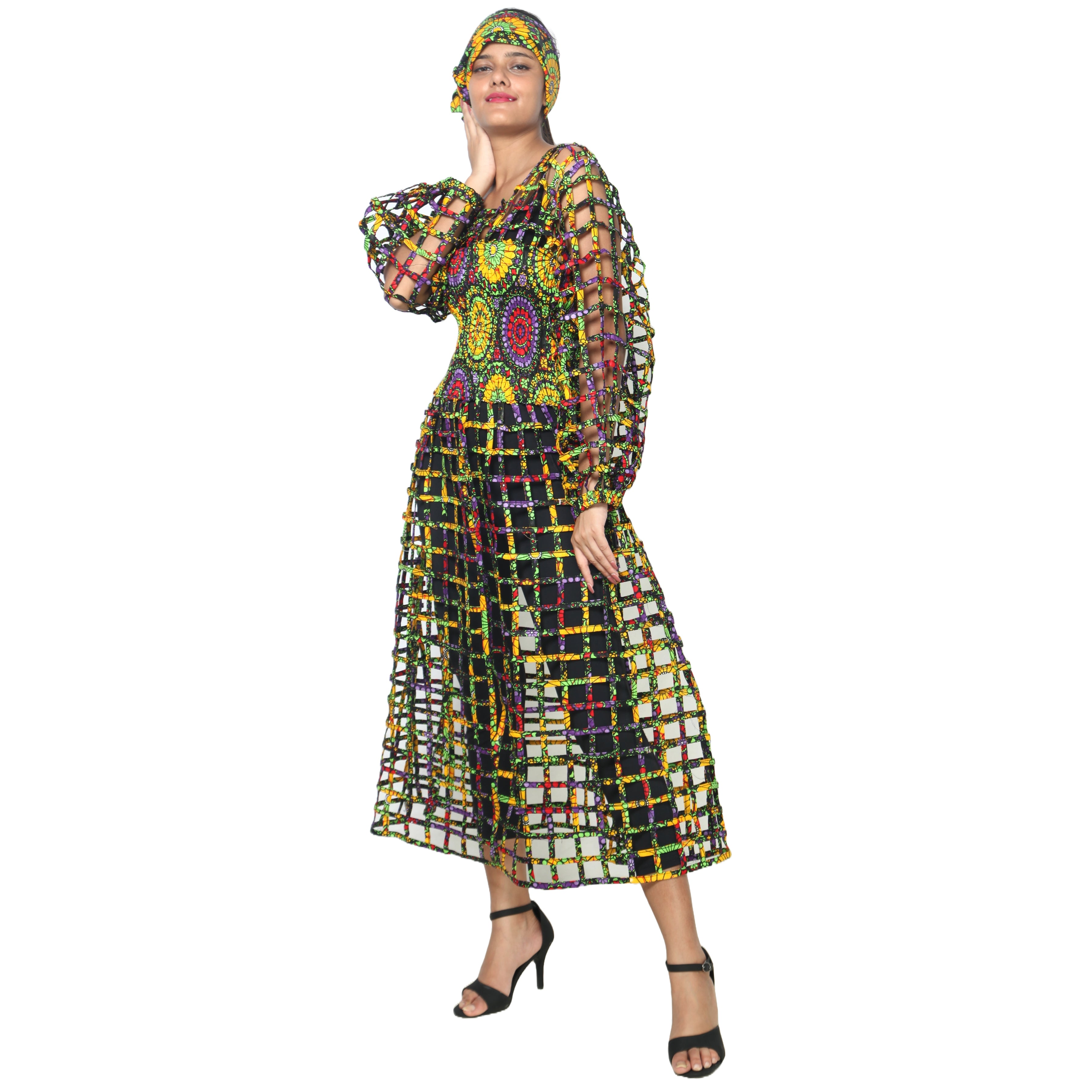 Women's Long Sleeve Smocked Bodice Cage Dress -- FI-ST122