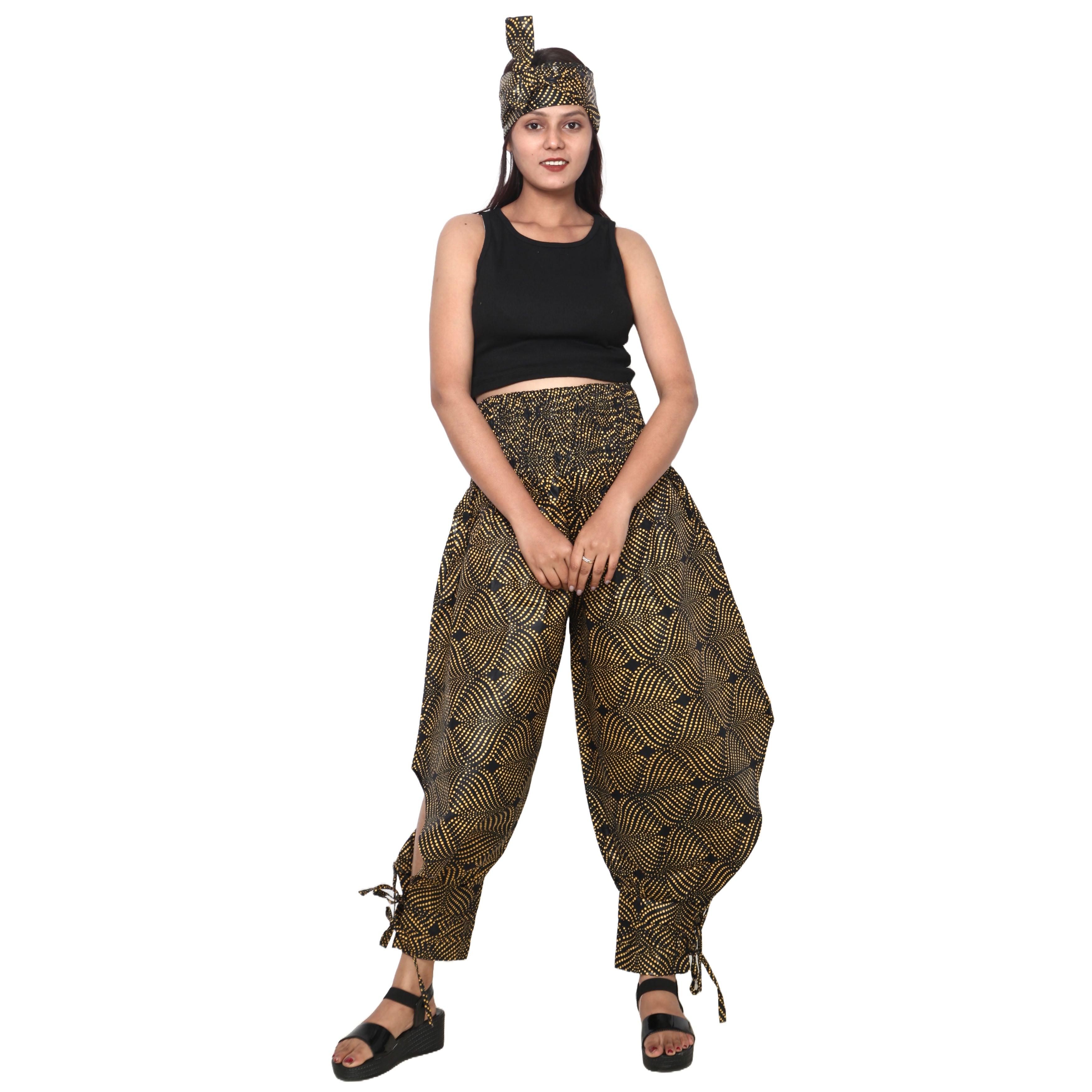 Women's High Waisted Printed Baggy Pants With Tie - FI-140
