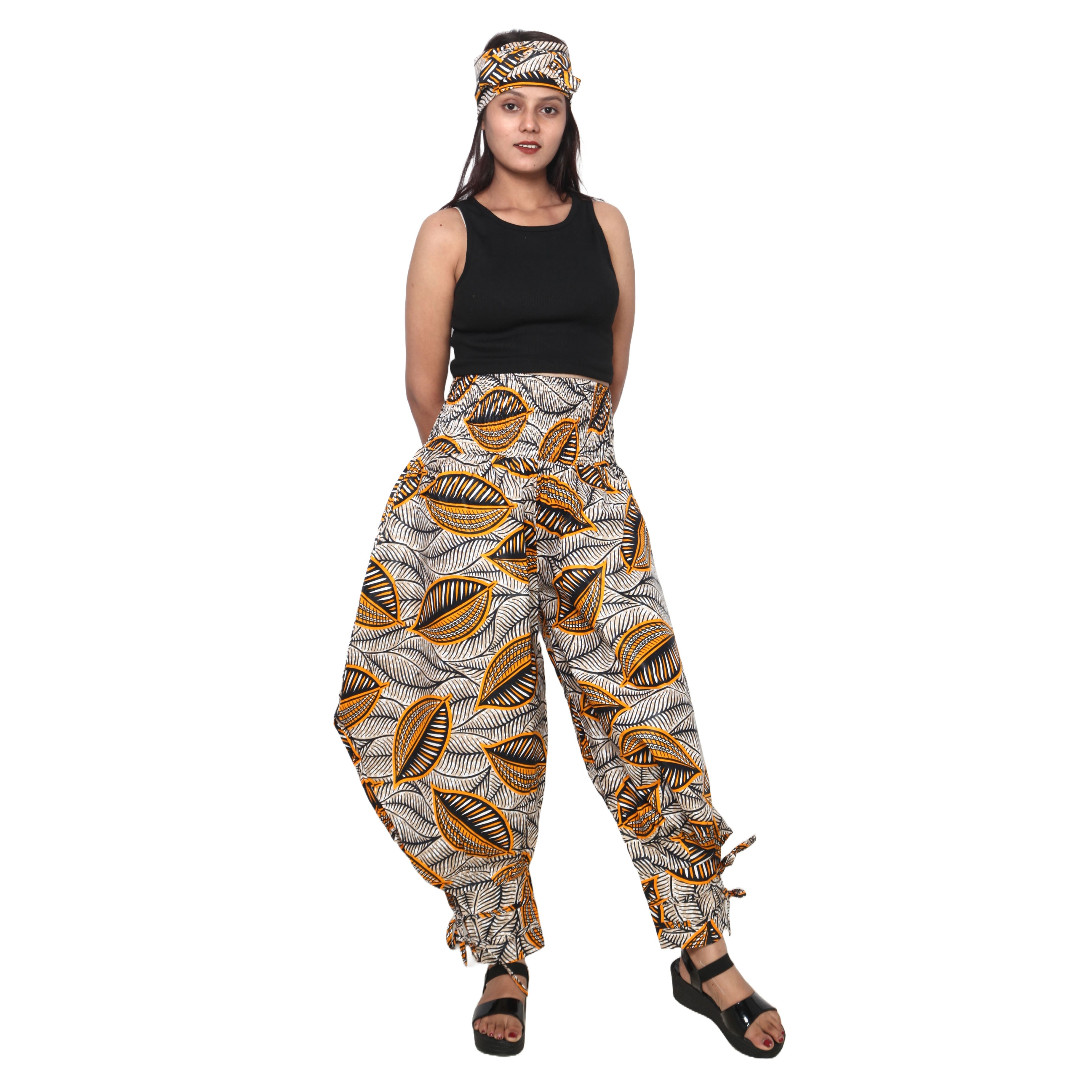 Women's High Waisted Printed Baggy Pants With Tie - FI-140