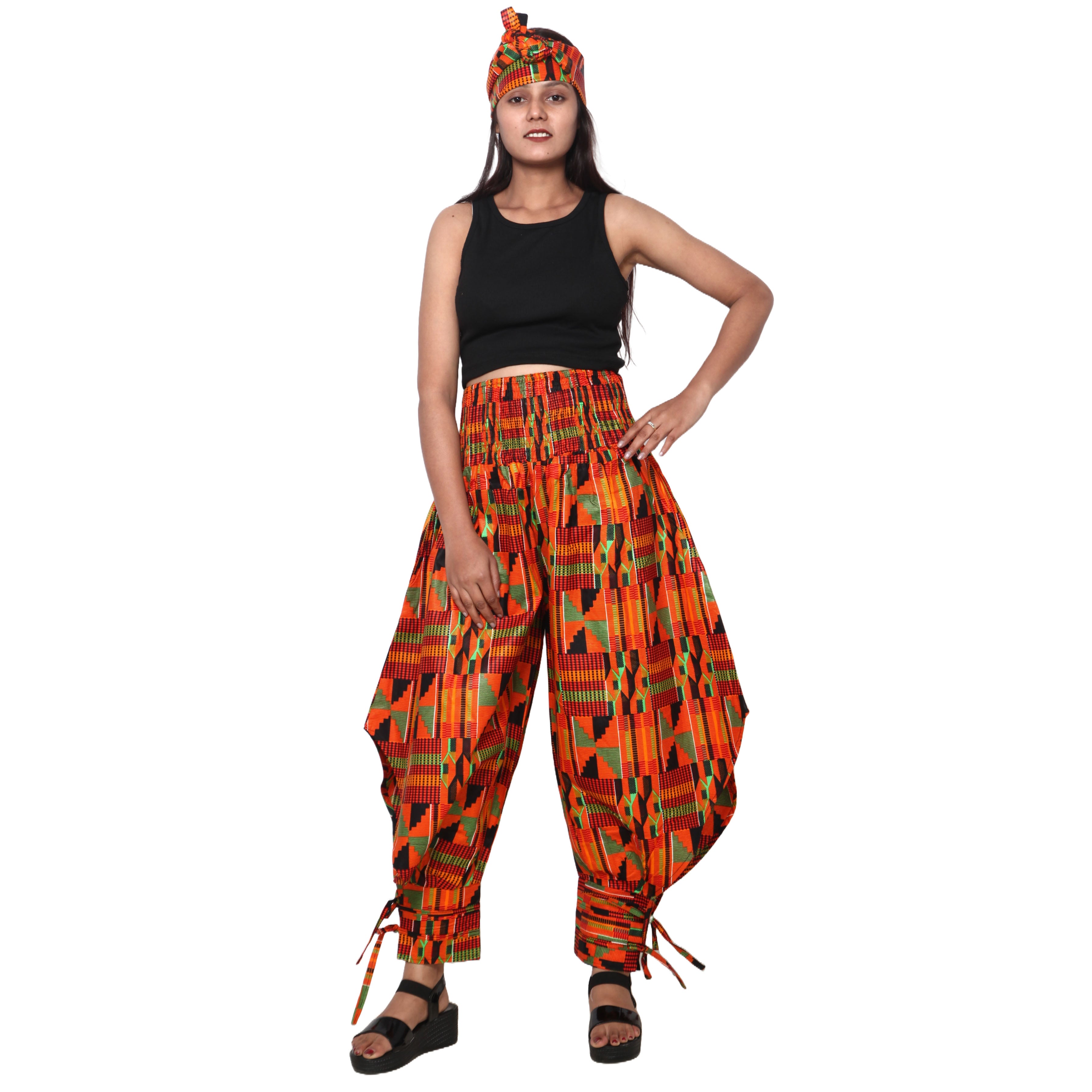 Women's High Waisted Printed Baggy Pants With Tie - FI-140