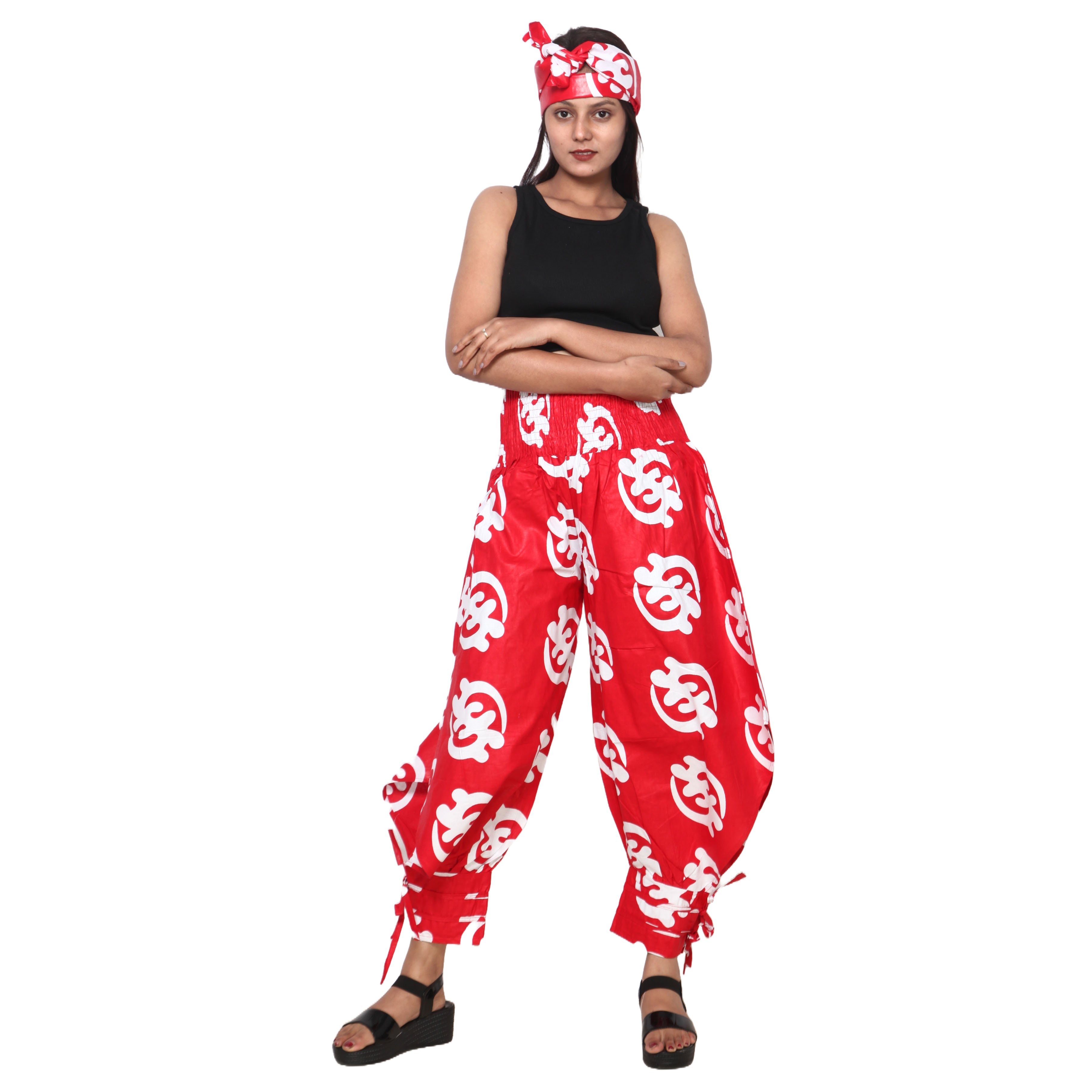 Women's High Waisted Printed Baggy Pants With Tie - FI-140