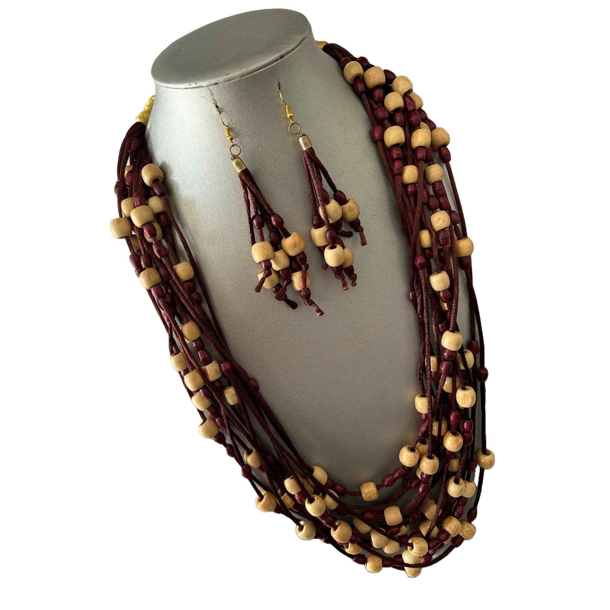 Long Multi Strand Rope Necklace with Wooden Style Beads Set