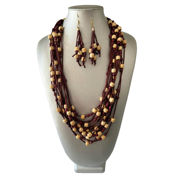 Long Multi Strand Rope Necklace with Wooden Style Beads Set
