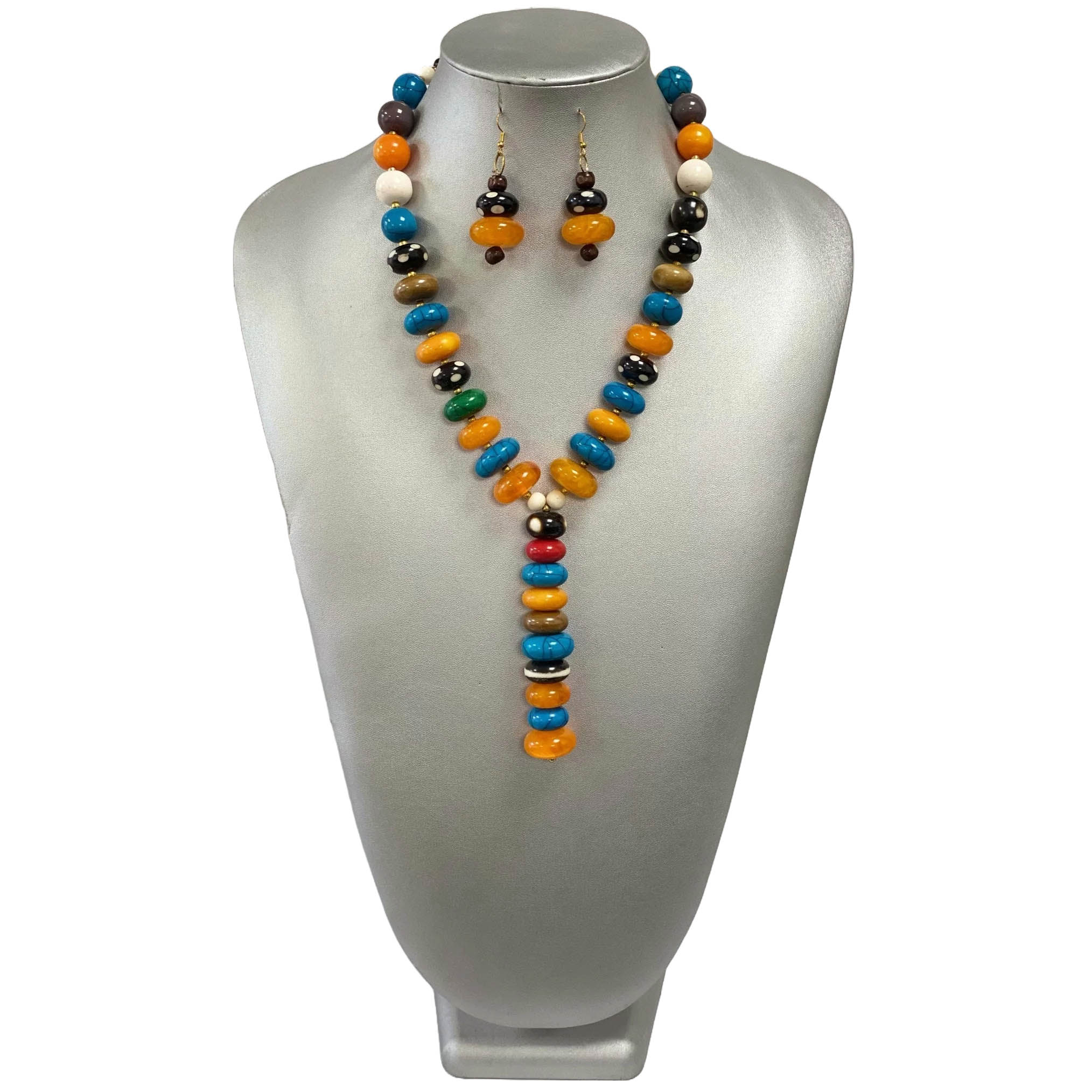 African Women's Multicolored Gem Stone Beaded Necklace Set -- Jewelry A14