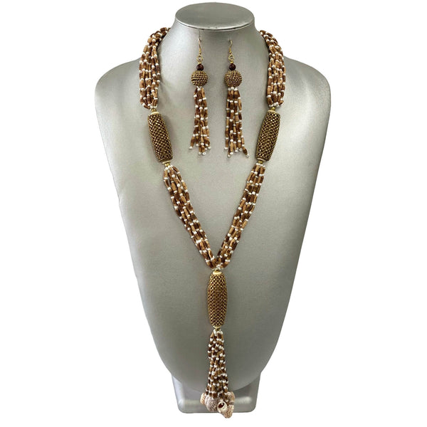 African Brown Cream Beaded Bronze Token Necklace Set -- Jewelry A11
