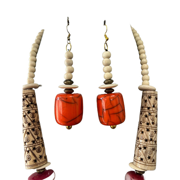 Long Brass Pendant African Tribal Style Necklace and Earrings Set