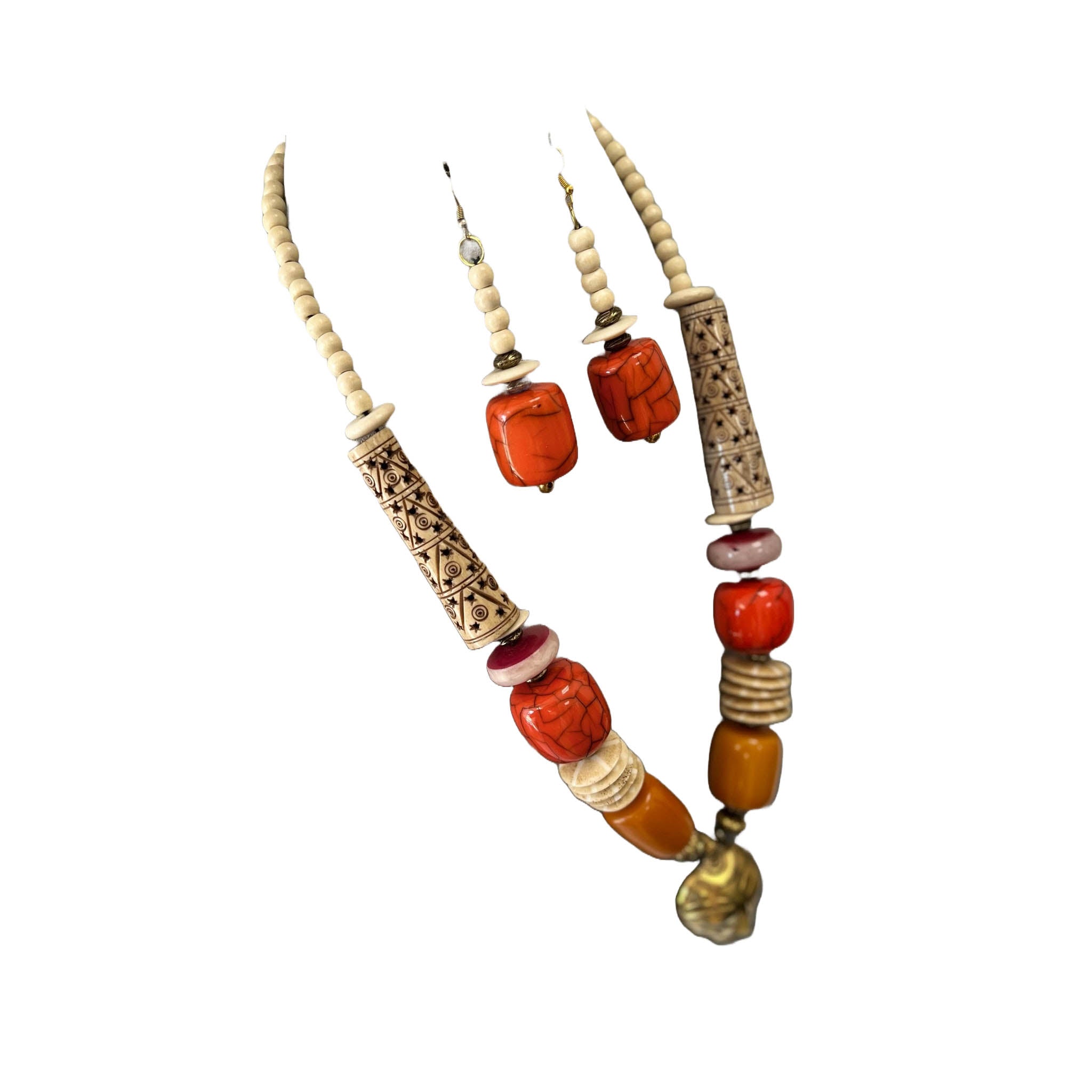 Long Brass Pendant African Tribal Style Necklace and Earrings Set