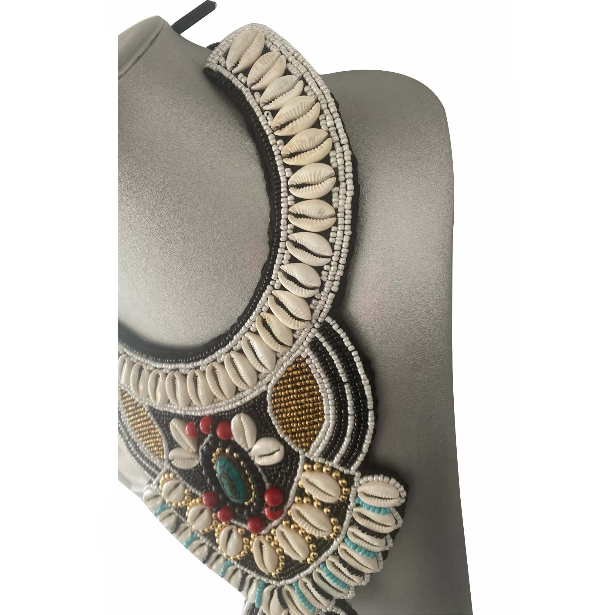 Cowrie Shell Tribal Beaded Necklace -- 7A
