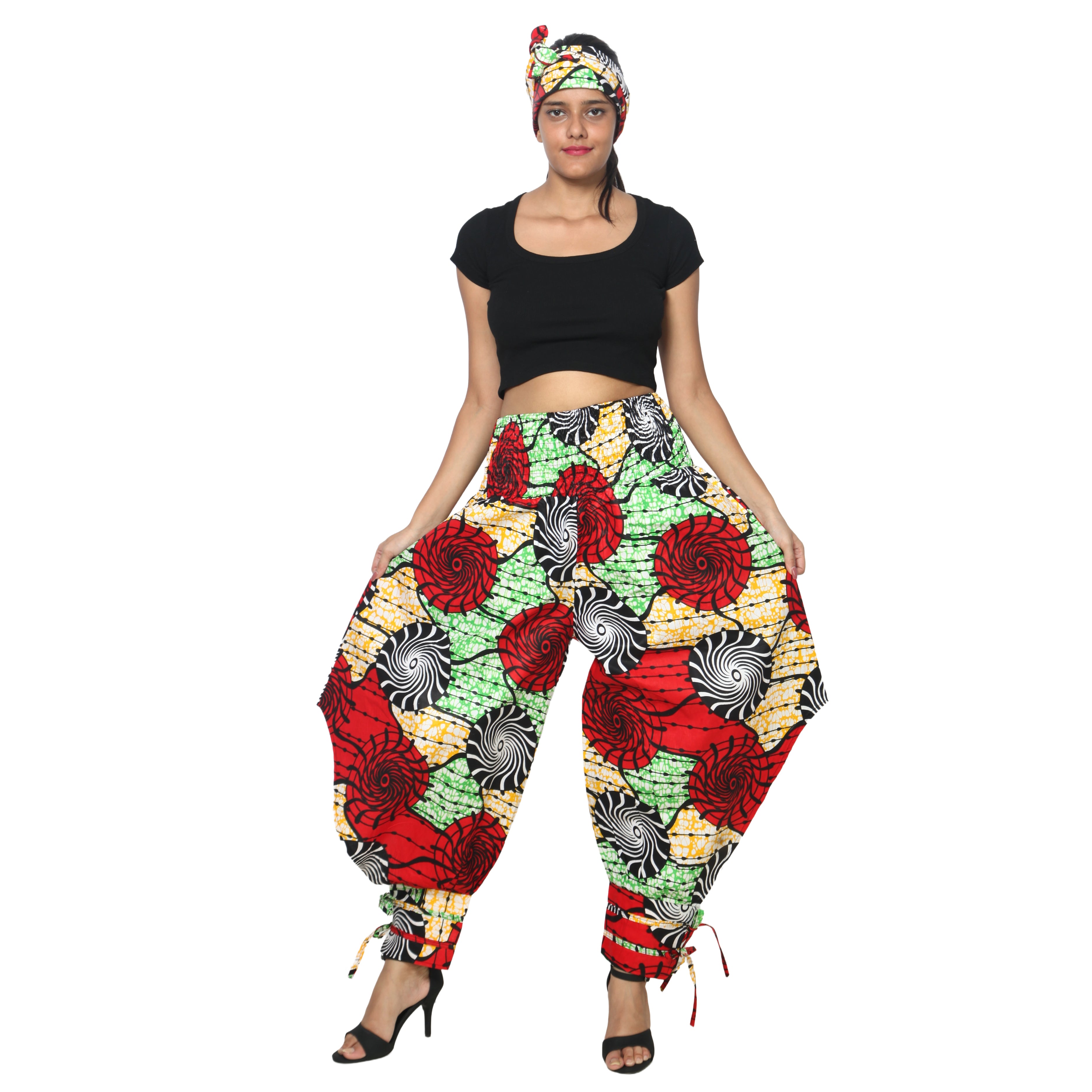 Women's High Waisted Printed Baggy Pants With Tie - FI-140