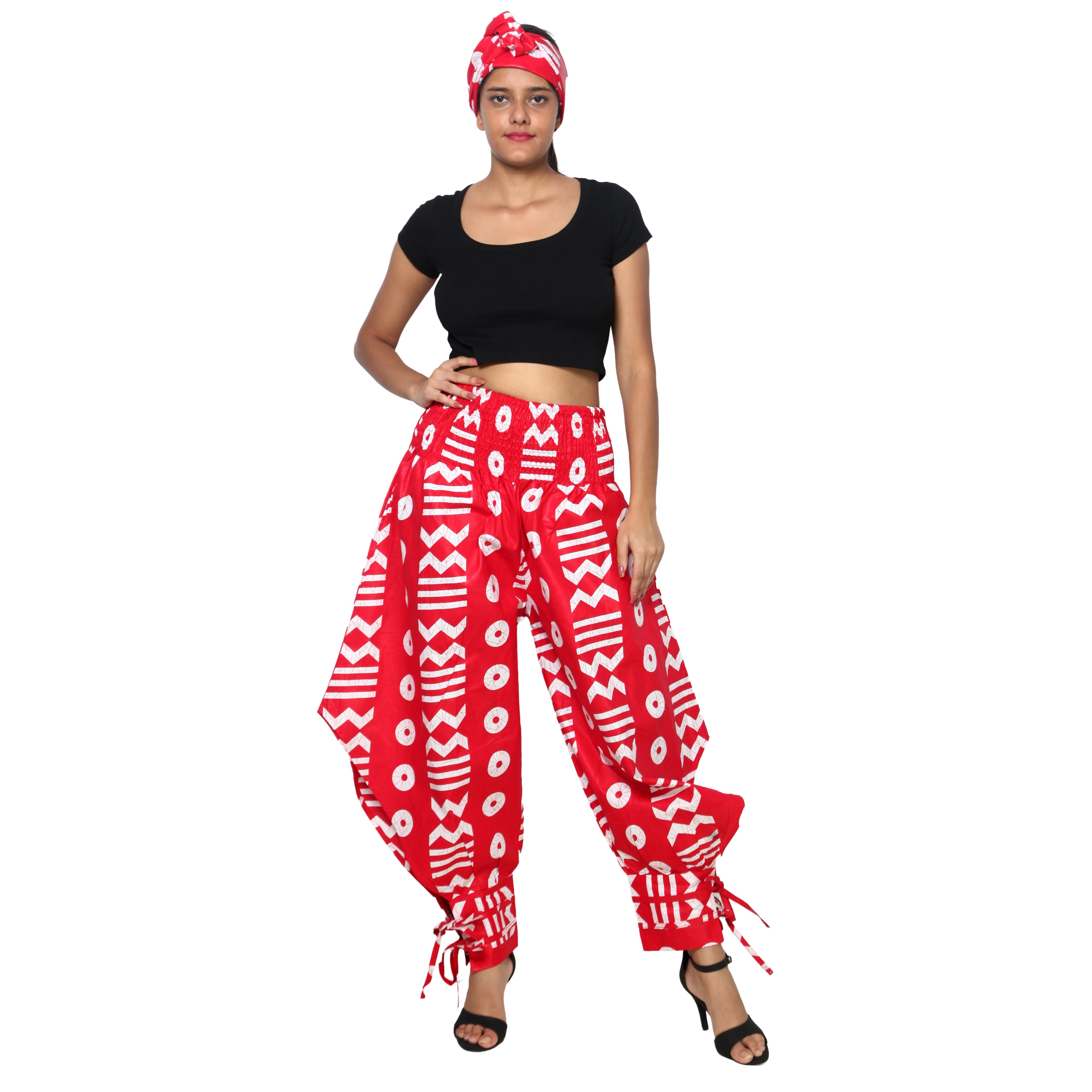 Women's High Waisted Printed Baggy Pants With Tie - FI-140
