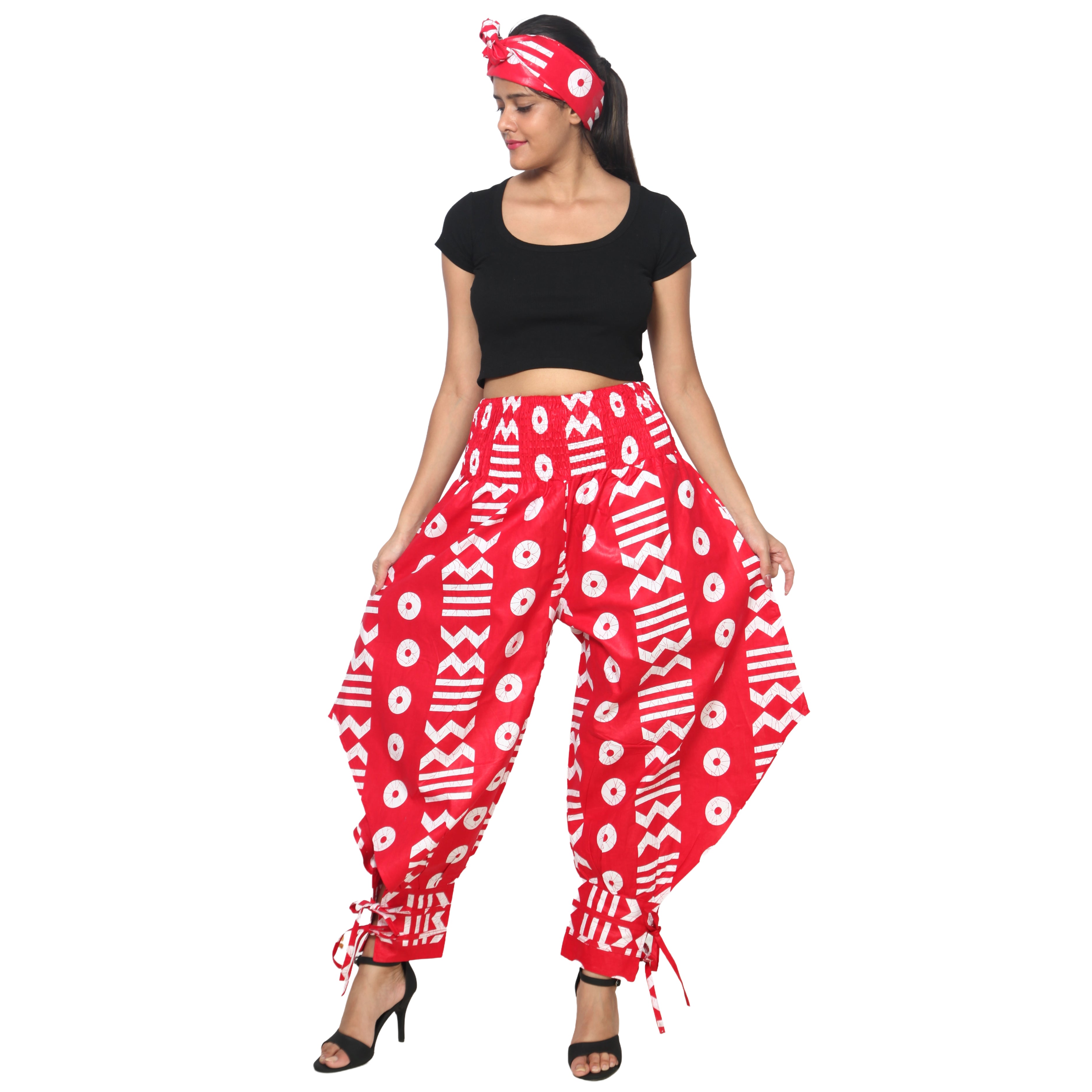 Women's High Waisted Printed Baggy Pants With Tie - FI-140