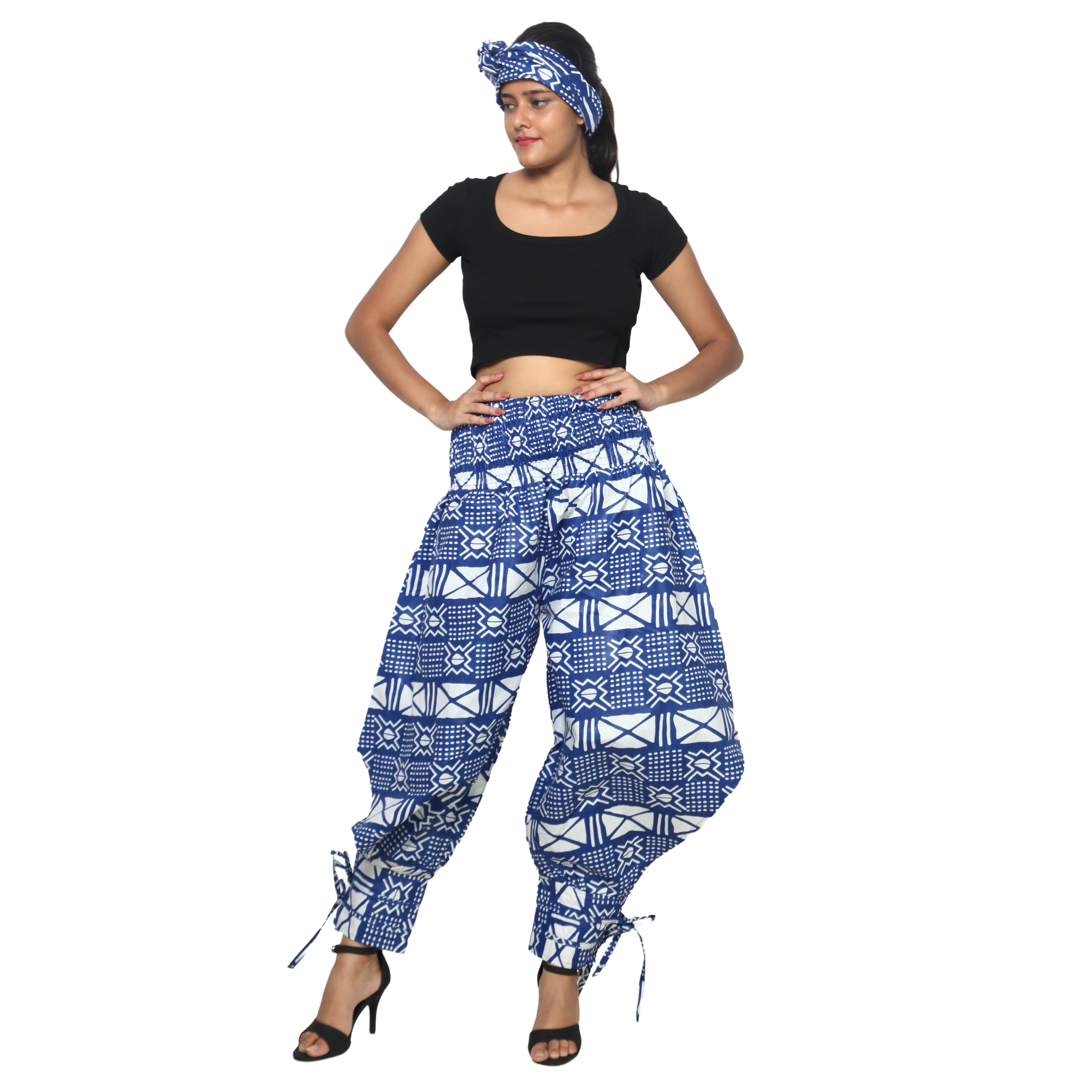 Women's High Waisted Printed Baggy Pants With Tie - FI-140