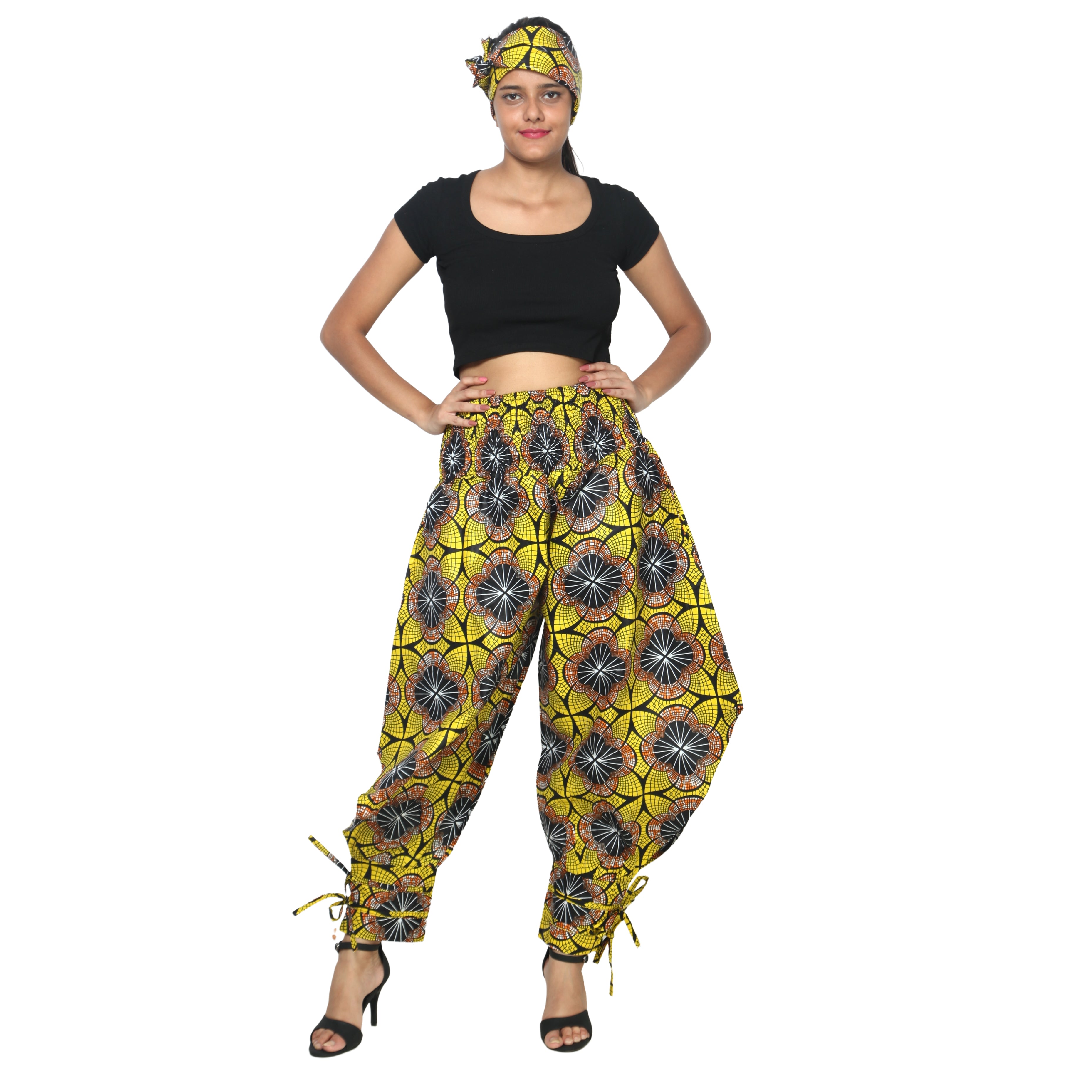 Women's High Waisted Printed Baggy Pants With Tie - FI-140