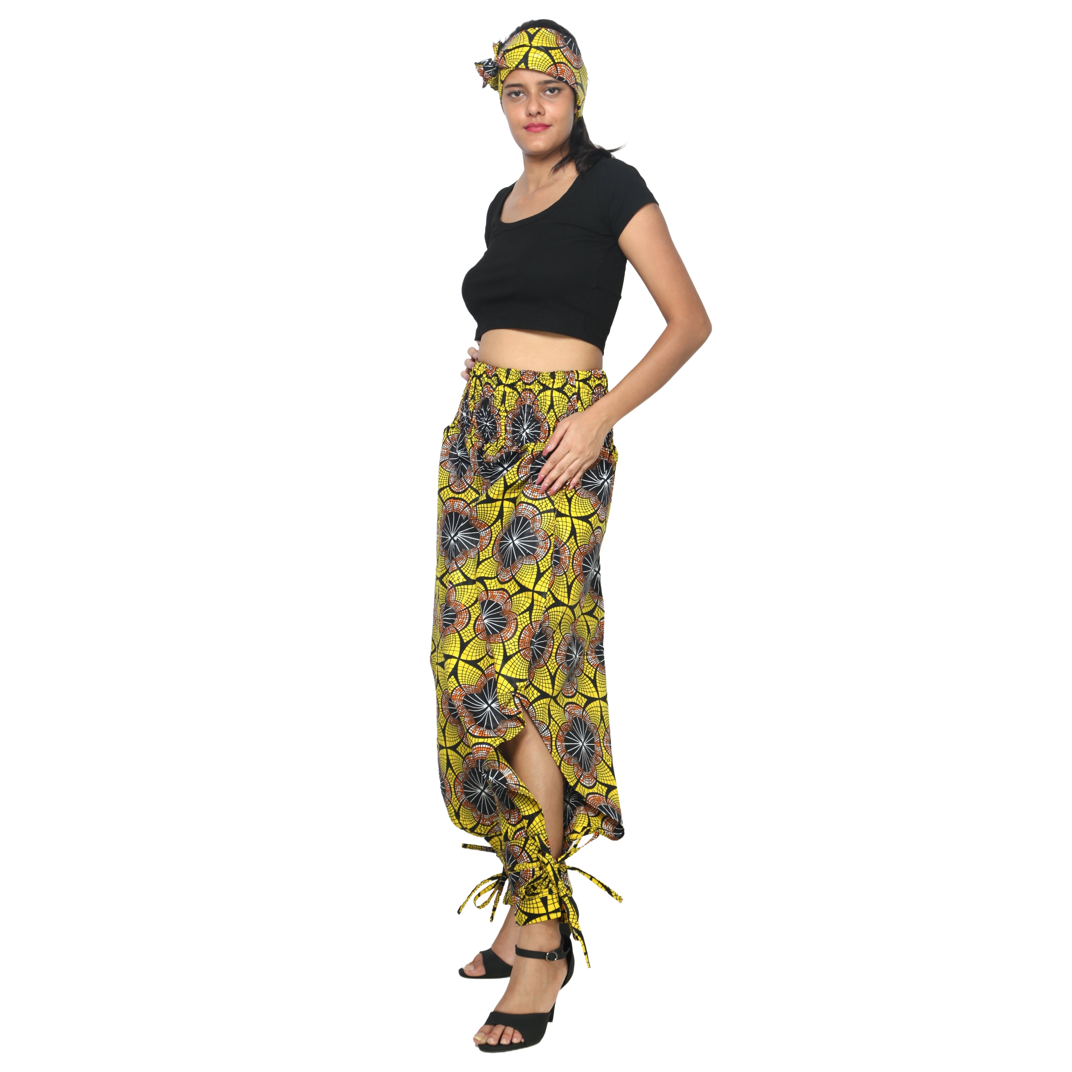 Women's High Waisted Printed Baggy Pants With Tie - FI-140
