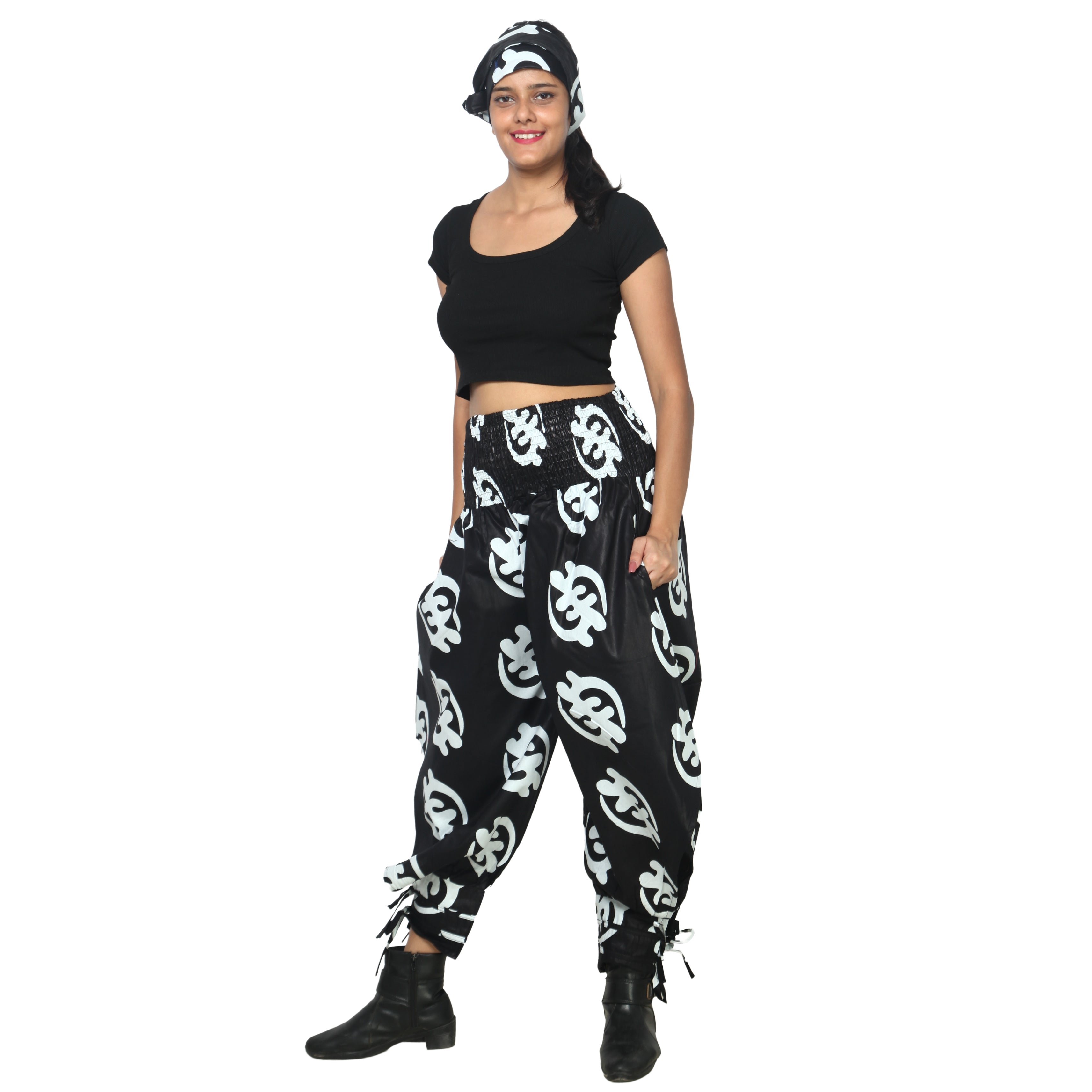 Women's High Waisted Printed Baggy Pants With Tie - FI-140