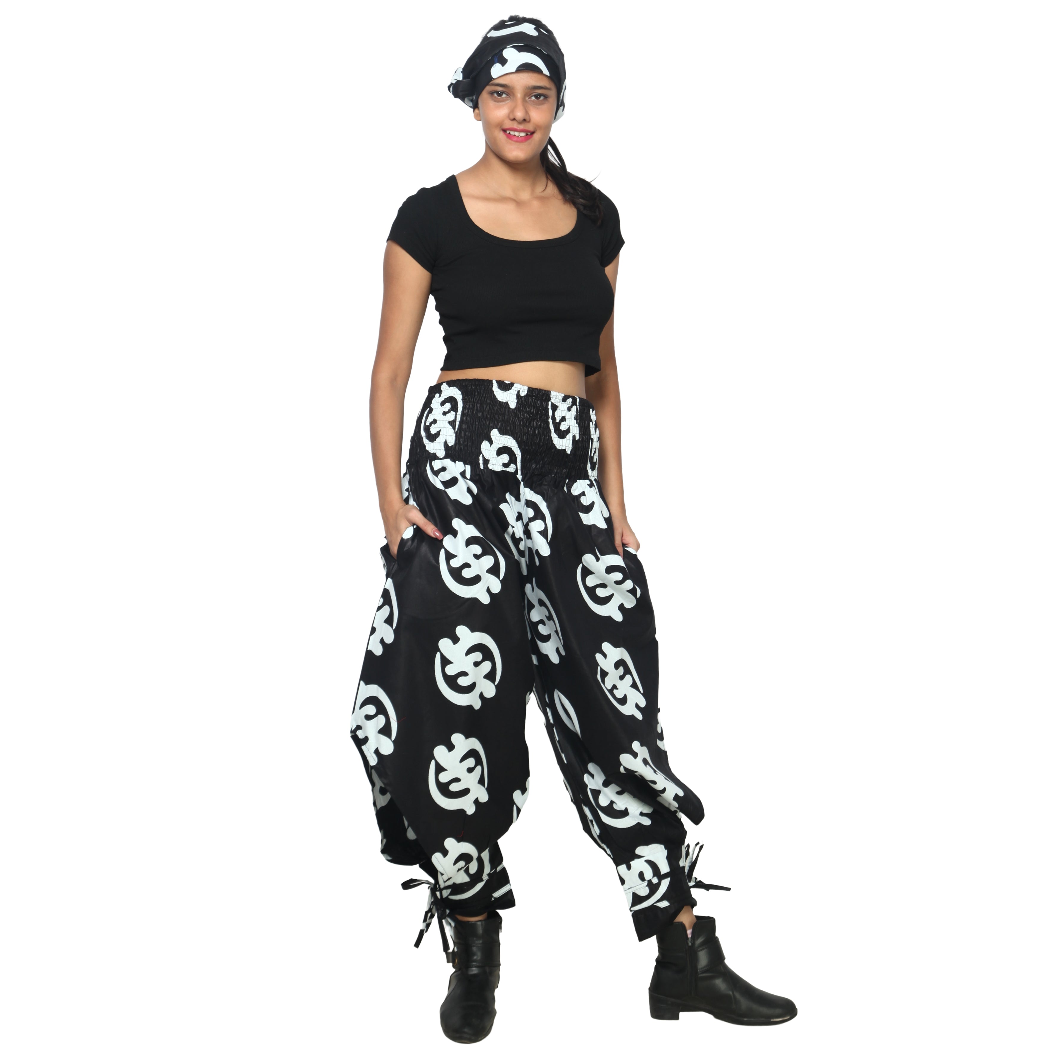 Women's High Waisted Printed Baggy Pants With Tie - FI-140