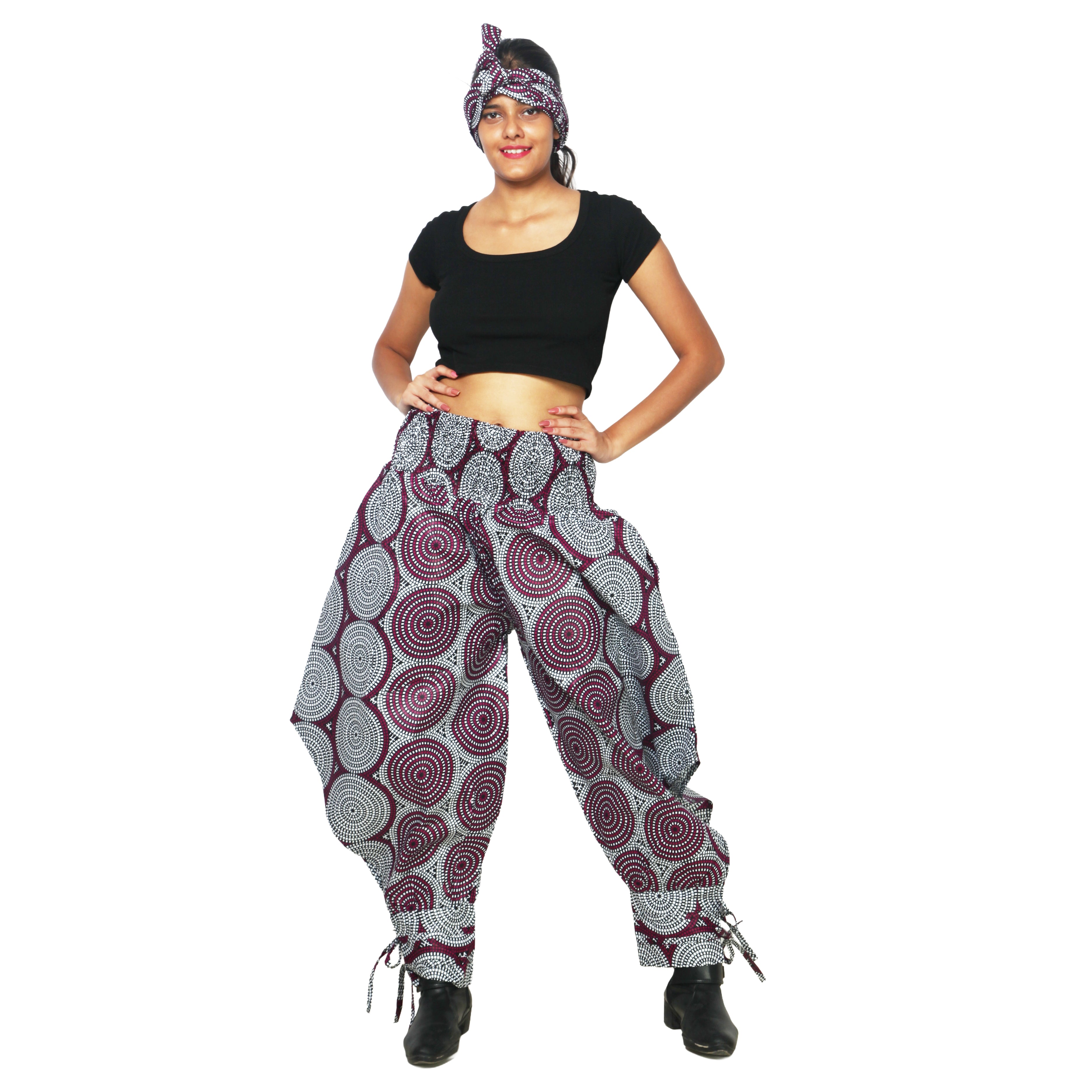 Women's High Waisted Printed Baggy Pants With Tie - FI-140