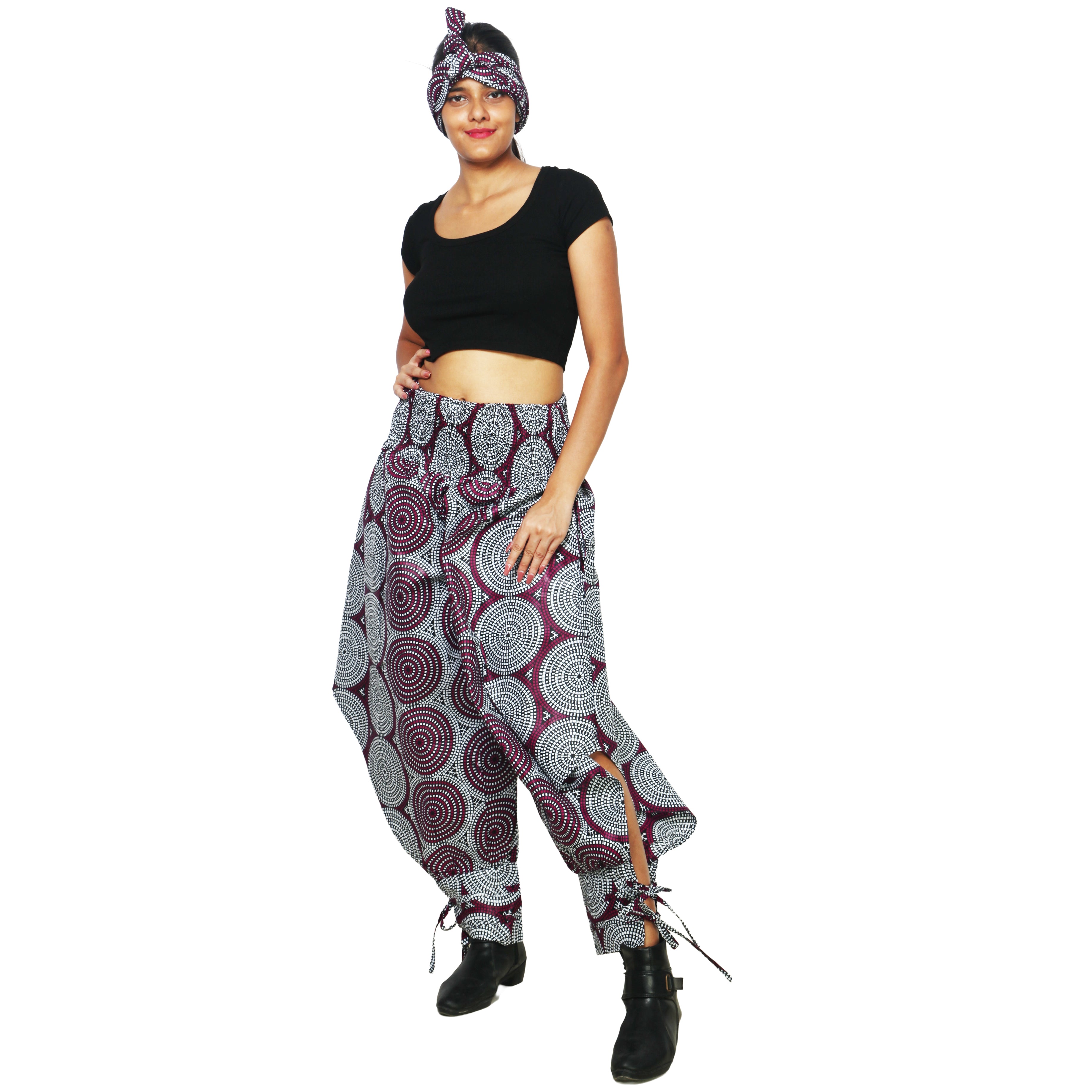 Women's High Waisted Printed Baggy Pants With Tie - FI-140