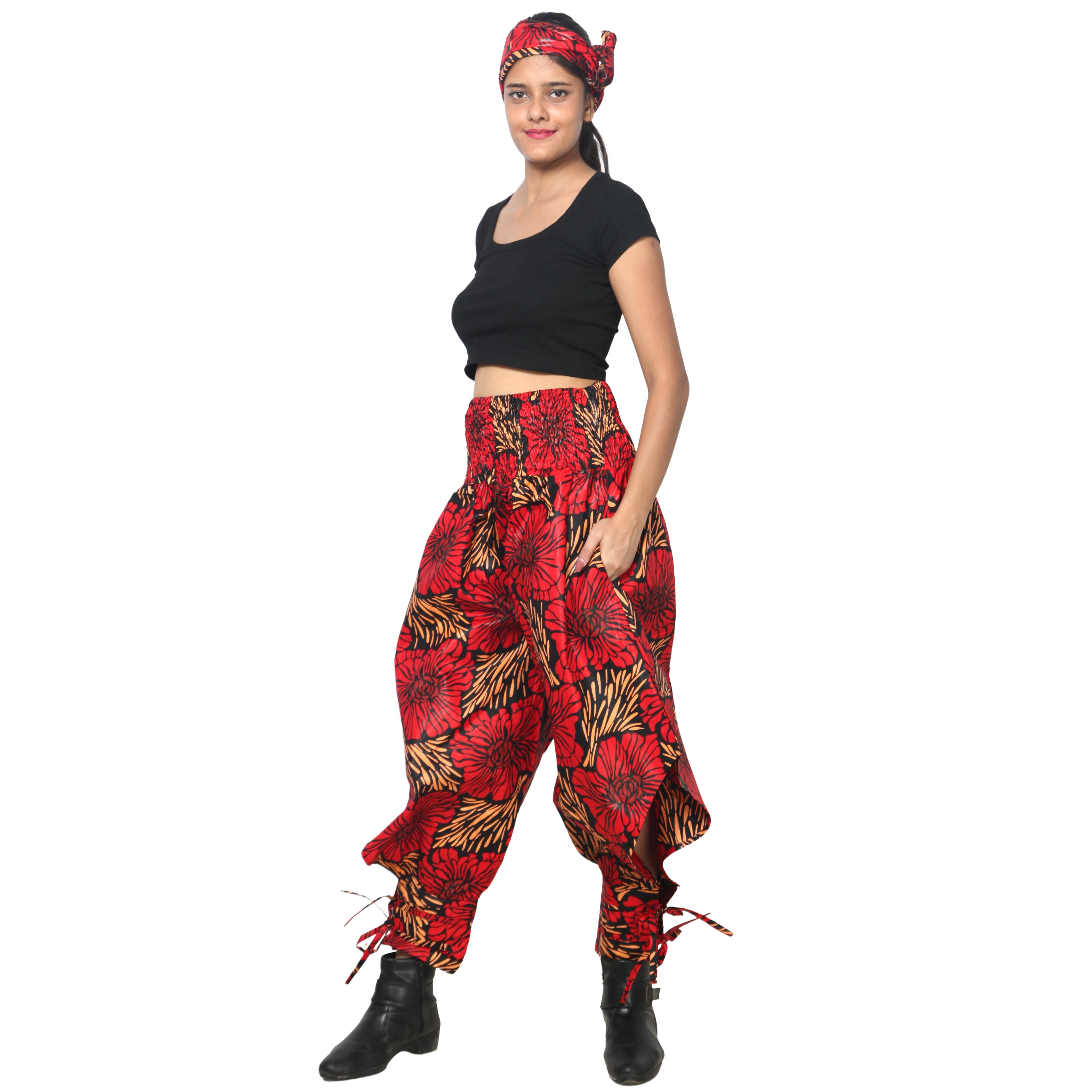 Women's High Waisted Printed Baggy Pants With Tie - FI-140