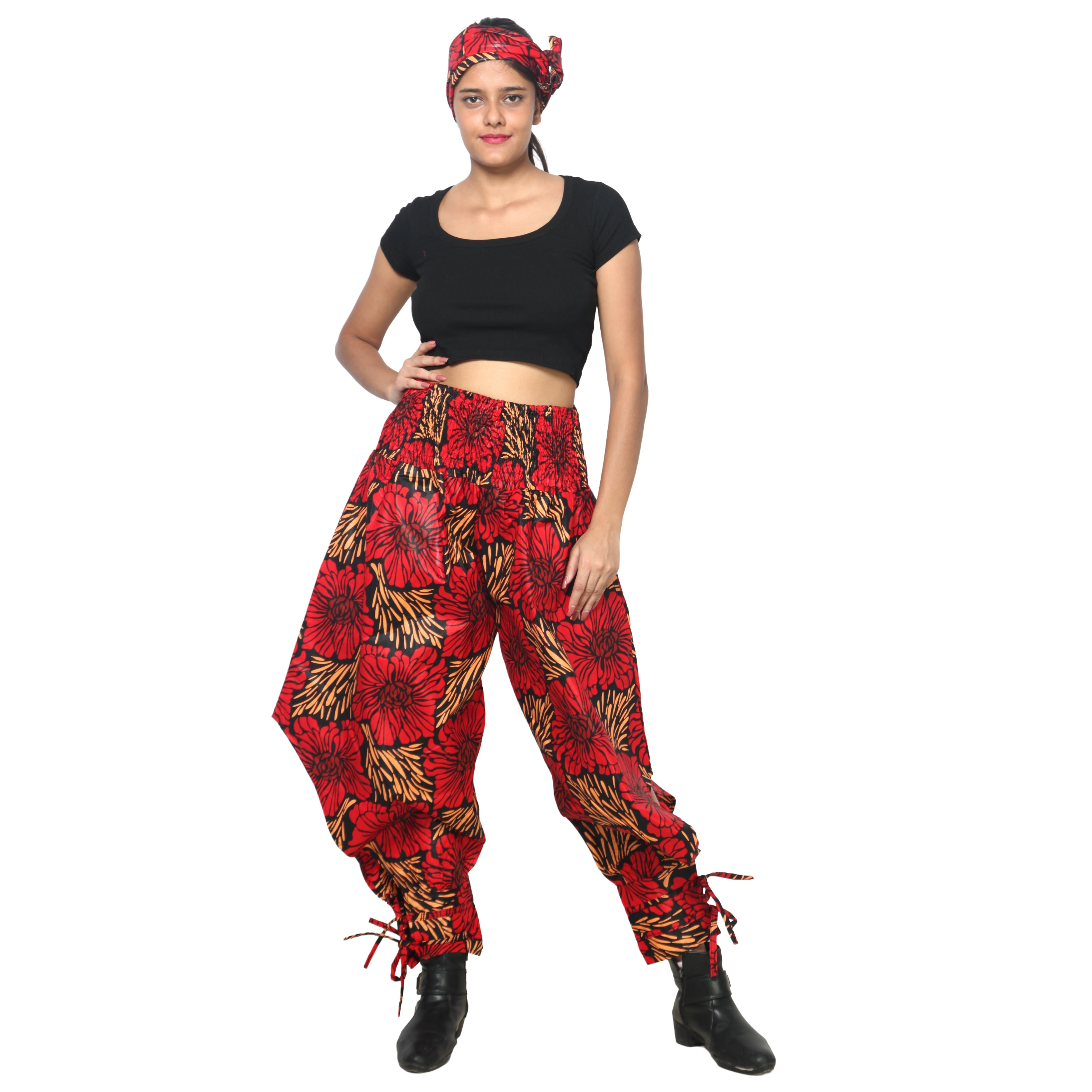 Women's High Waisted Printed Baggy Pants With Tie - FI-140