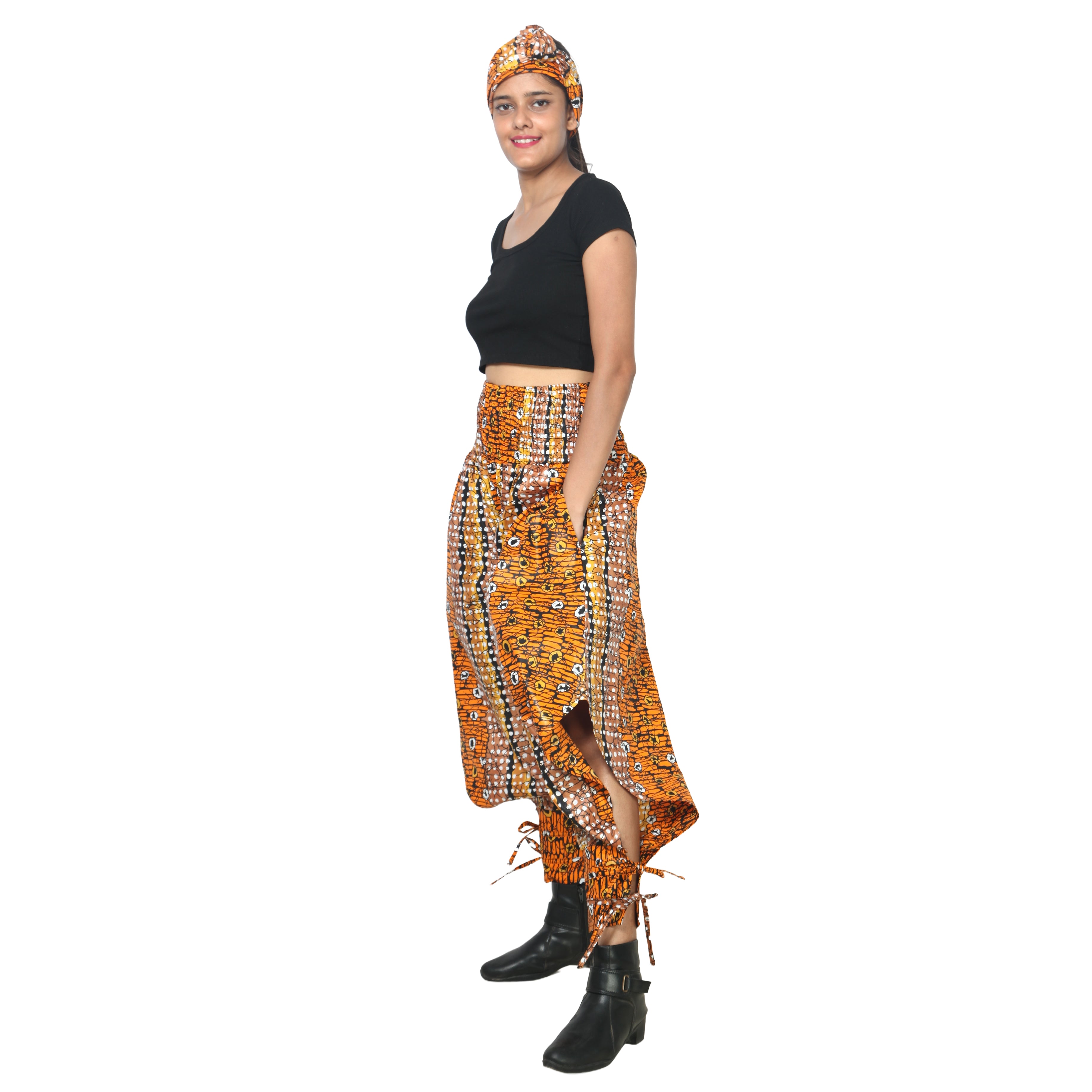Women's High Waisted Printed Baggy Pants With Tie - FI-140