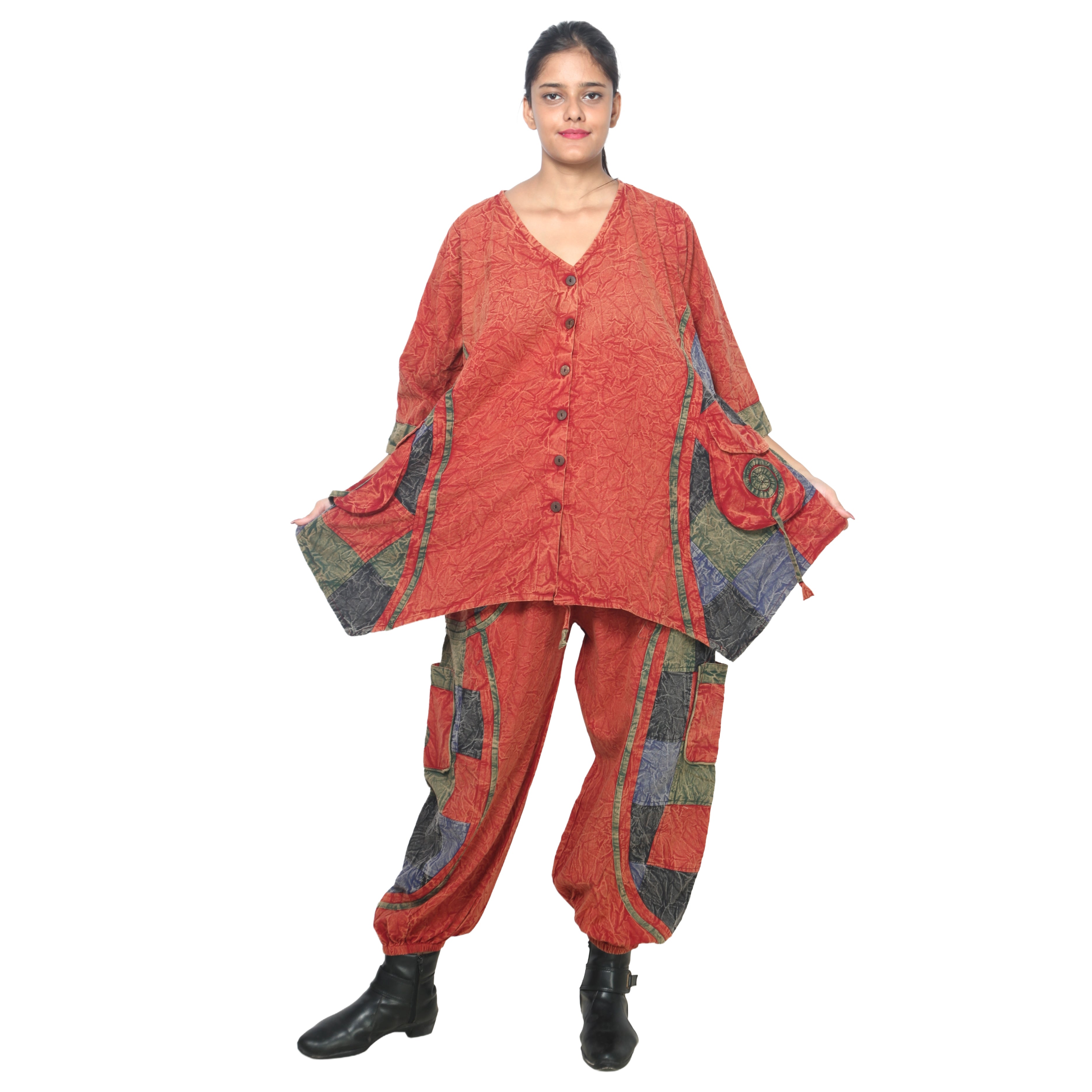 Women's Crack Acid Wash Tunic and Pant Set -- FI-8001