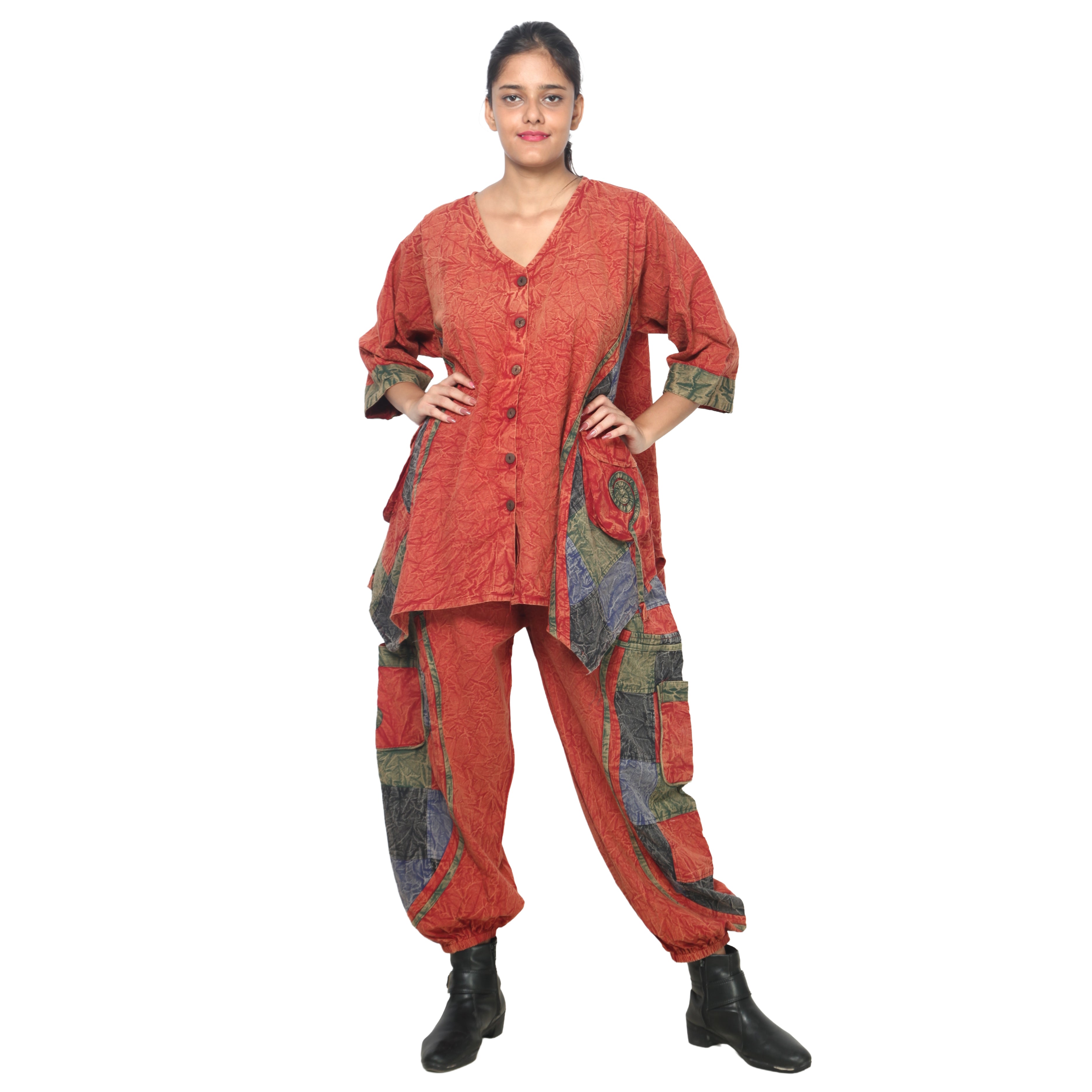 Women's Crack Acid Wash Tunic and Pant Set -- FI-8001