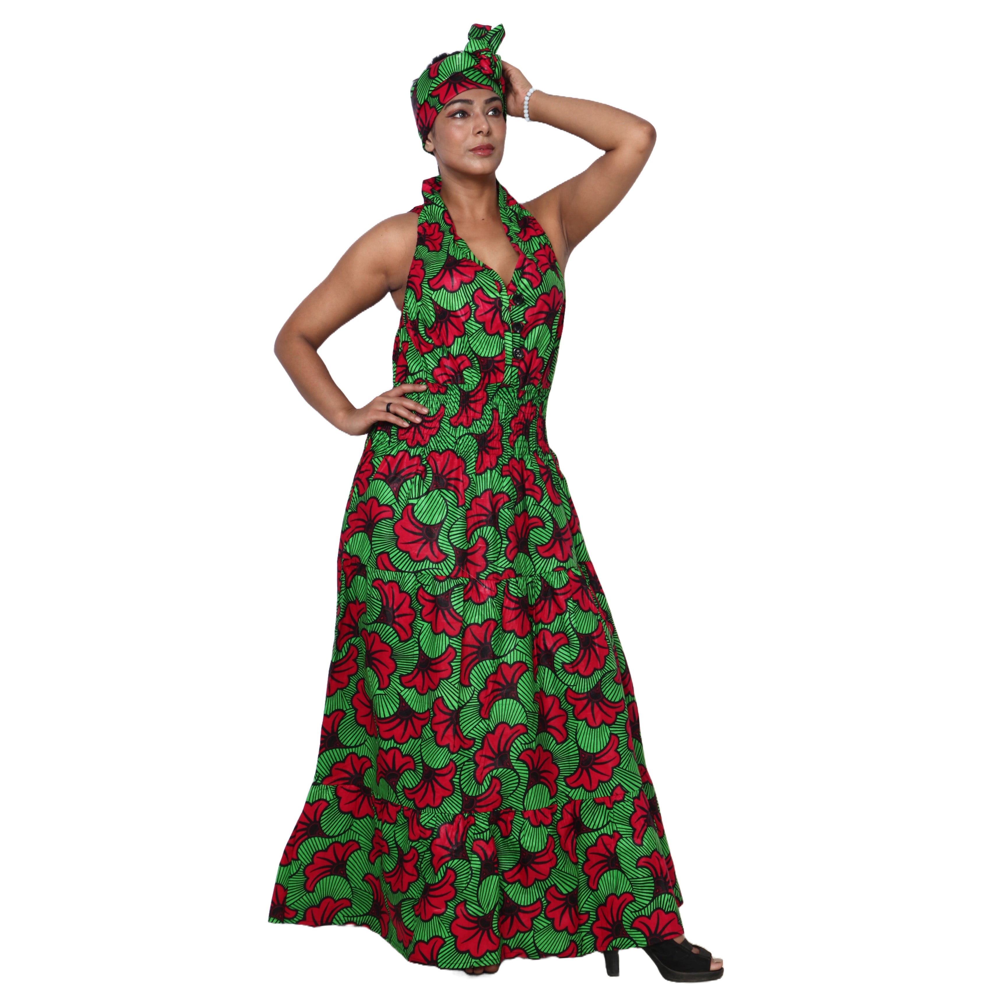 Women's 3 Button Sleeveless Halter Collar Maxi Dress -- FI-3028L African-Stars Women's 3 Button Sleeveless Halter Collar Maxi Dress -- FI-3028L African-Stars