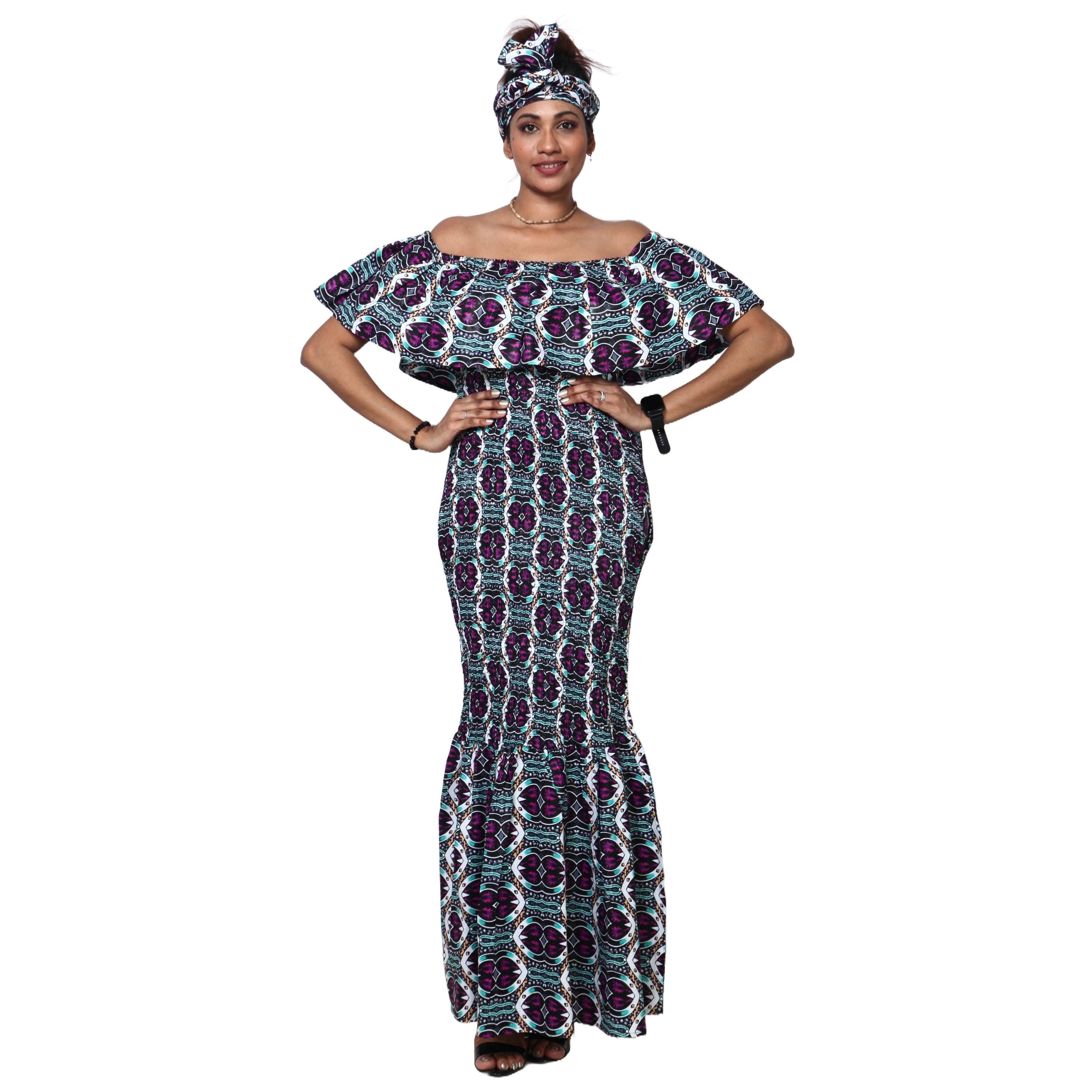 Women's Off Shoulder Smocking Maxi Dress -- FI-50077