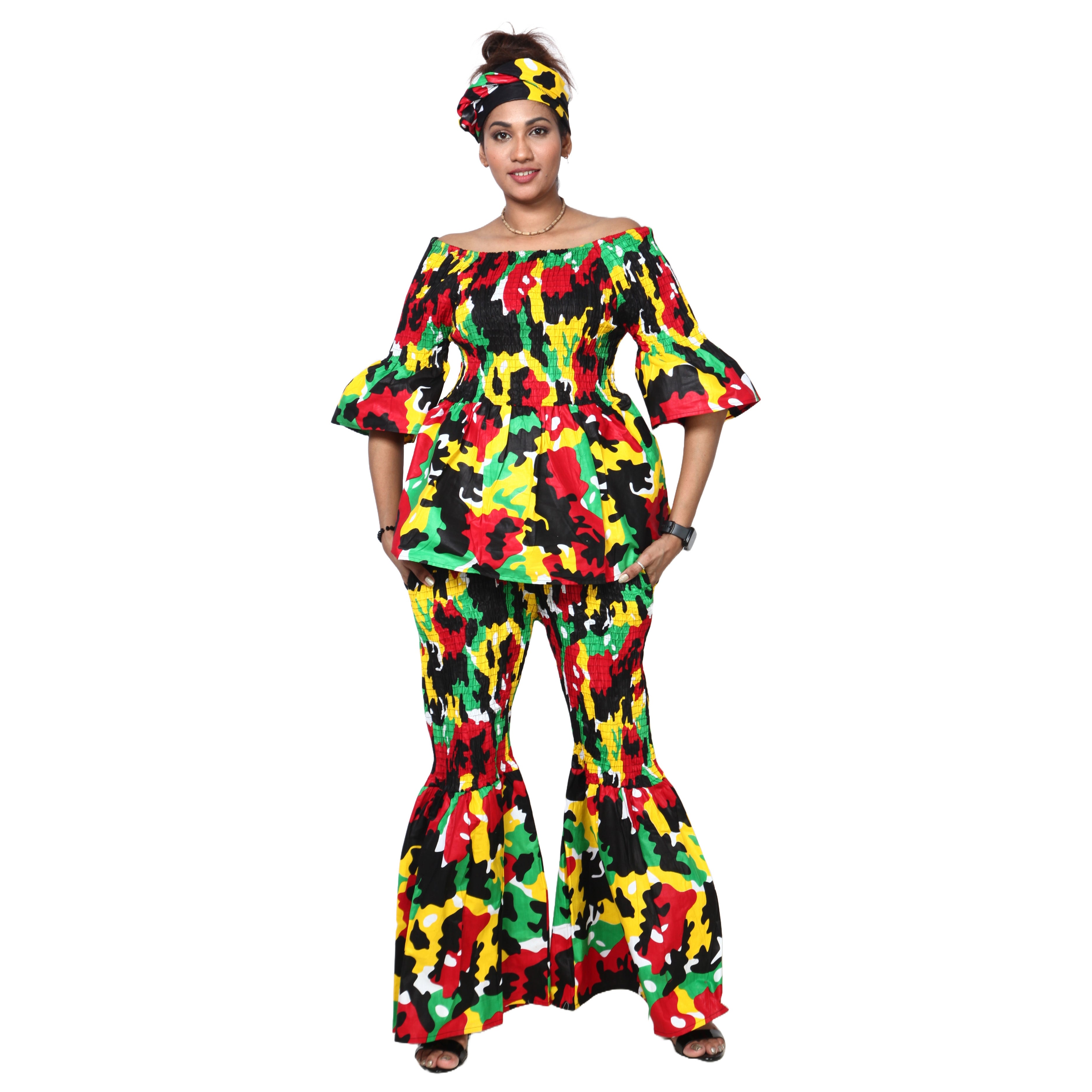 Women's Smocked Off Shoulder Peplum Top and Flare Pants Set -- FI-4043