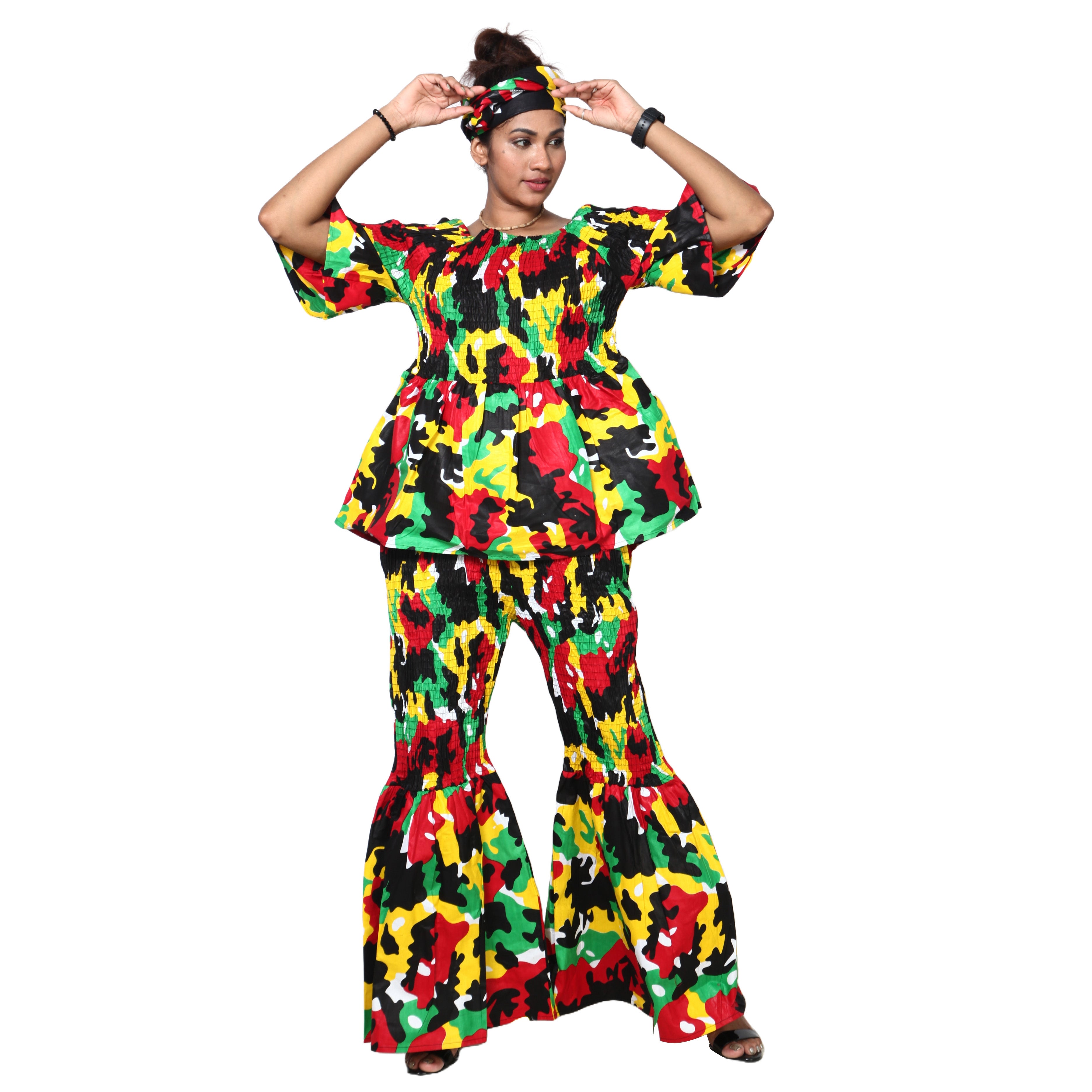 Women's Smocked Off Shoulder Peplum Top and Flare Pants Set -- FI-4043