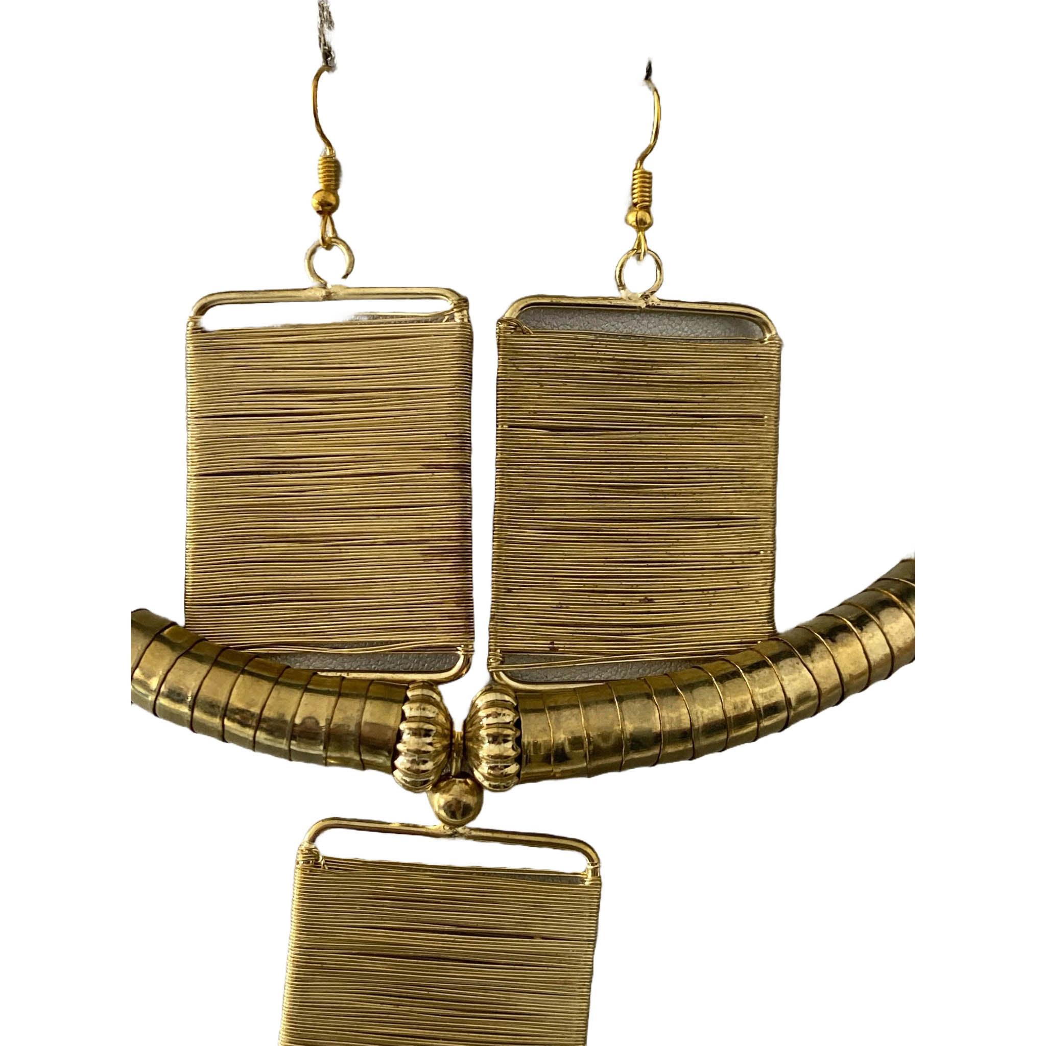 African Metal Rectangle Token Necklace Set -- GOLD -- Jewelry A36