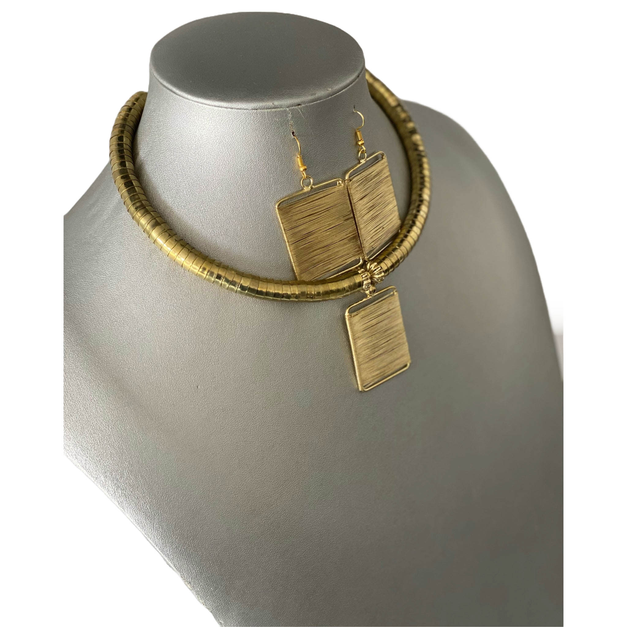 African Metal Rectangle Token Necklace Set -- GOLD -- Jewelry A36
