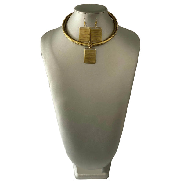 African Metal Rectangle Token Necklace Set -- GOLD -- Jewelry A36