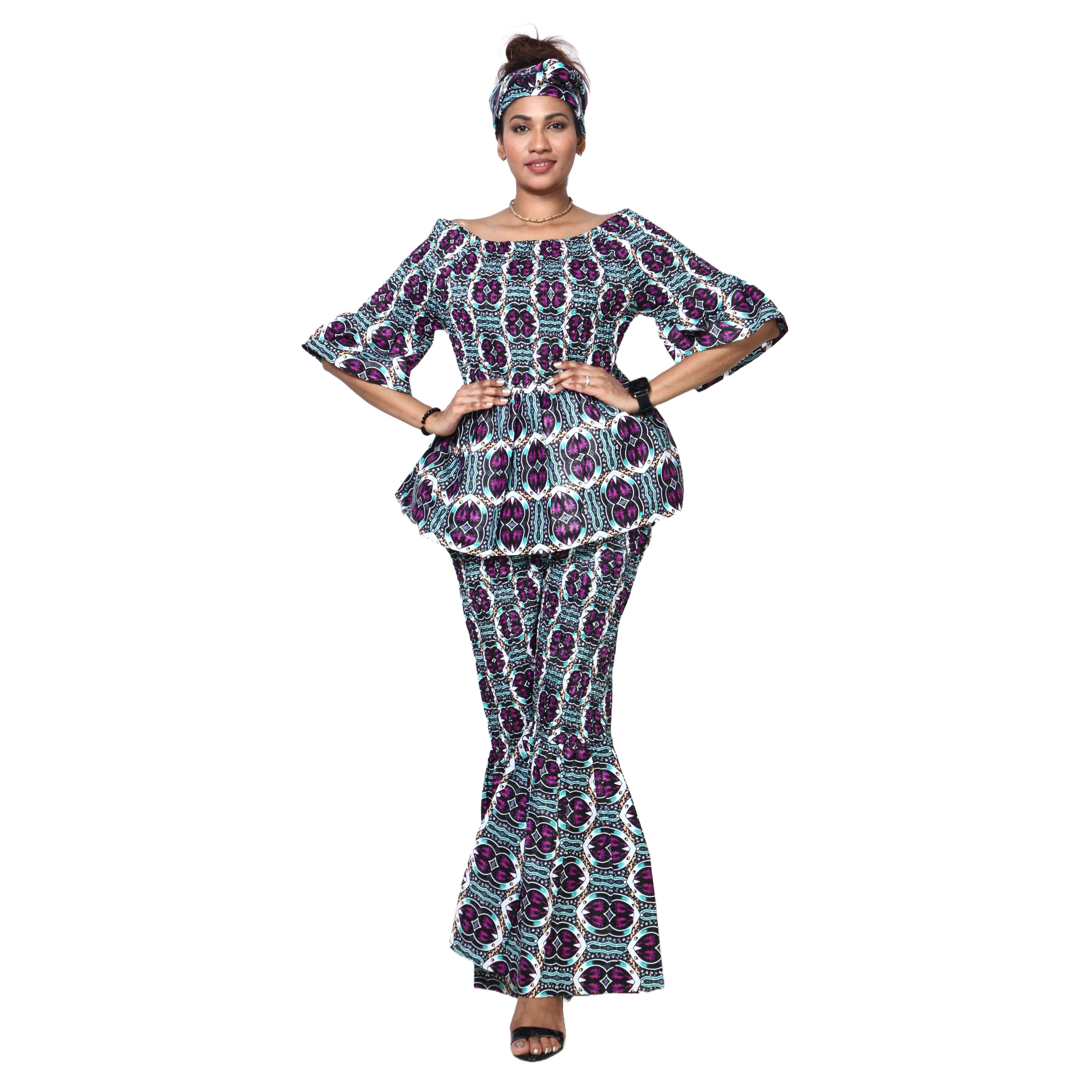 Women's Smocked Off Shoulder Peplum Top and Flare Pants Set -- FI-4043