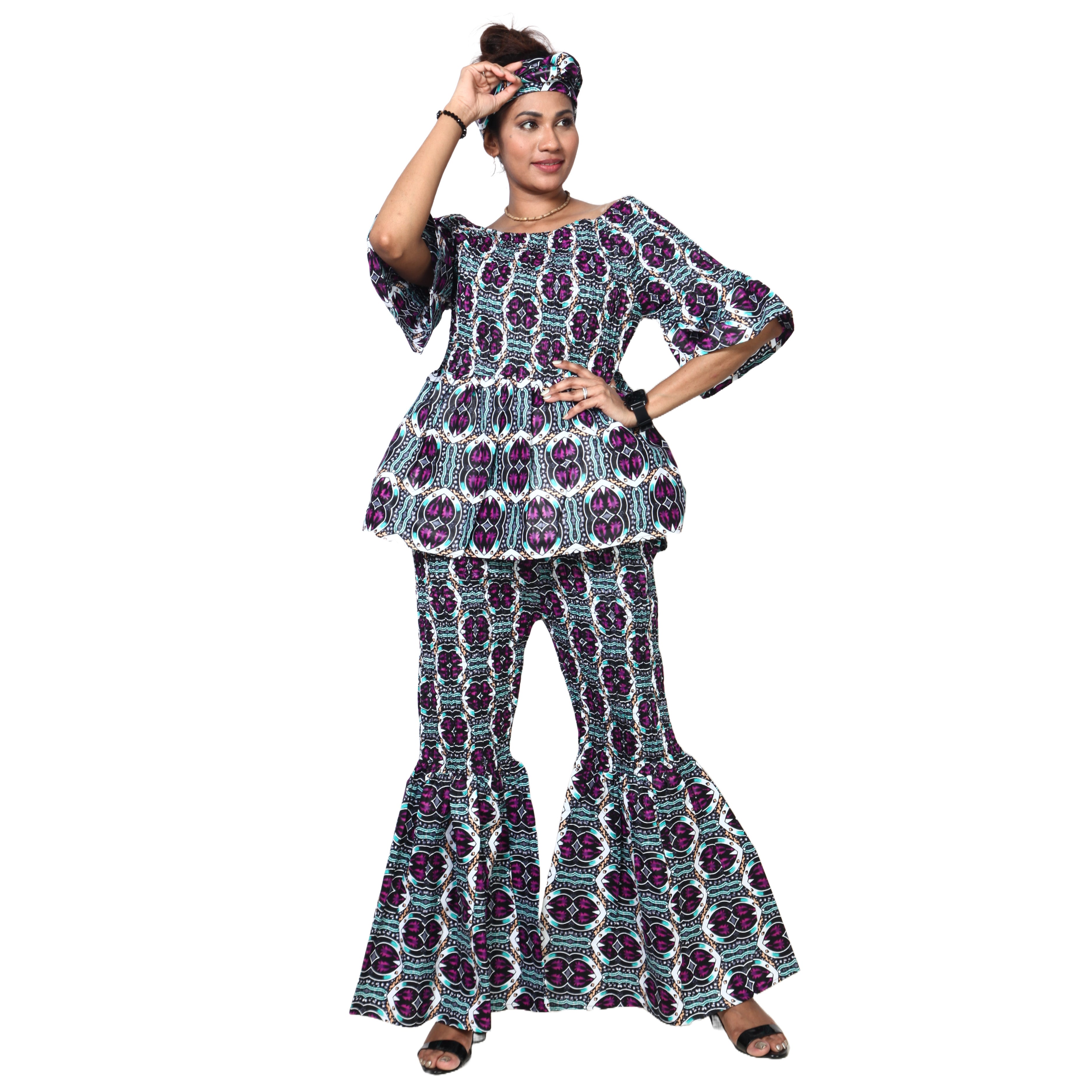 Women's Smocked Off Shoulder Peplum Top and Flare Pants Set -- FI-4043