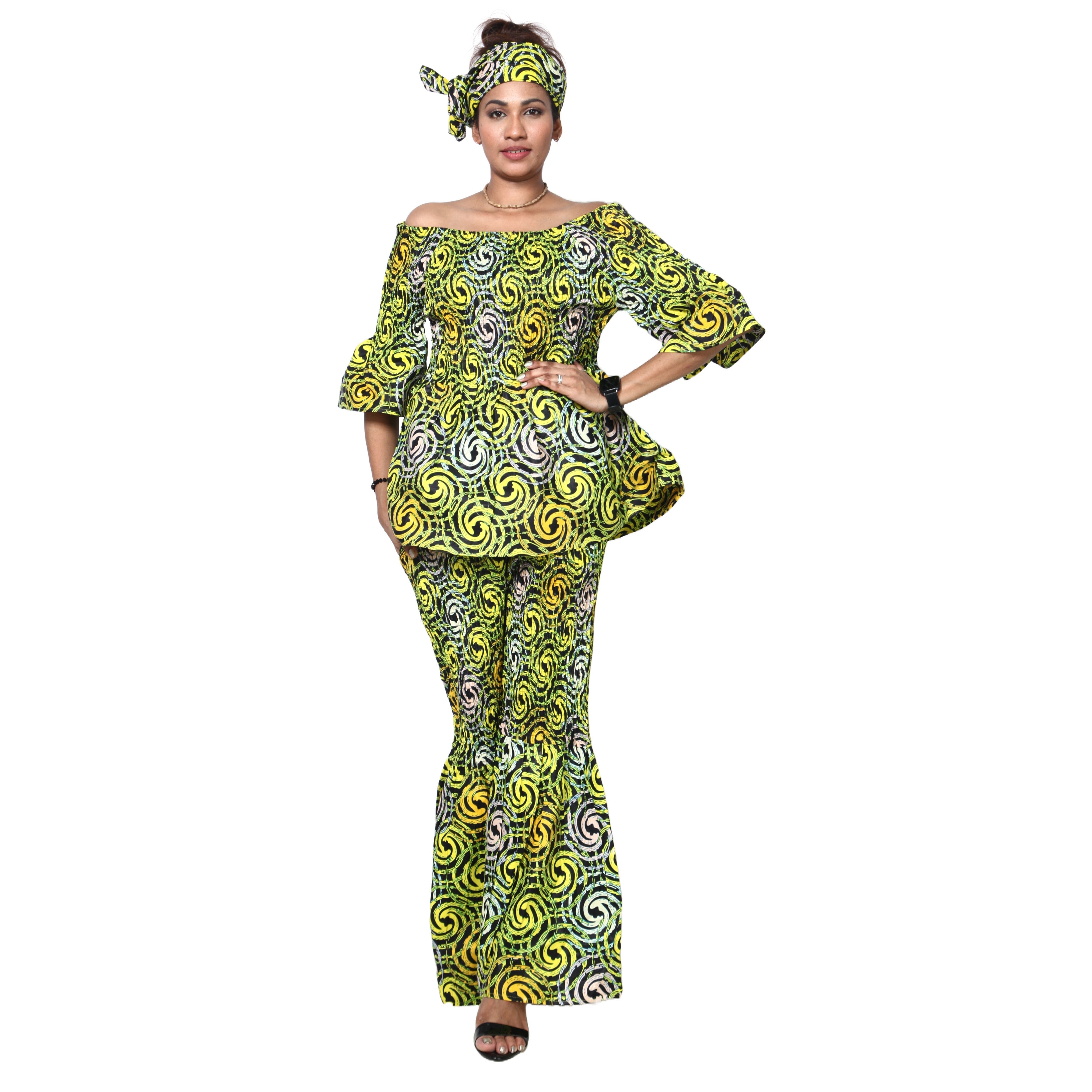Women's Smocked Off Shoulder Peplum Top and Flare Pants Set -- FI-4043