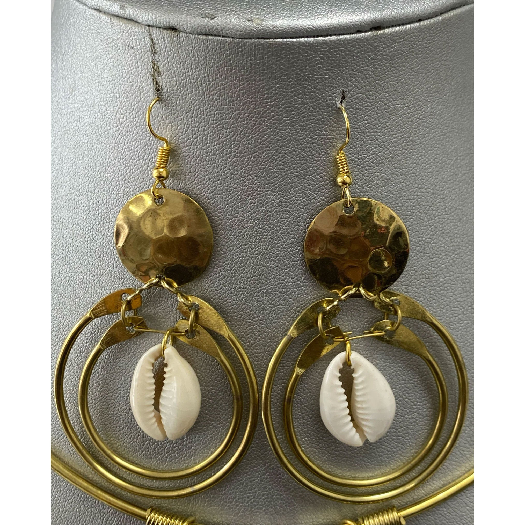 African Gold Metal Disc Necklace Set with Cowrie Shell -- Jewelry A34