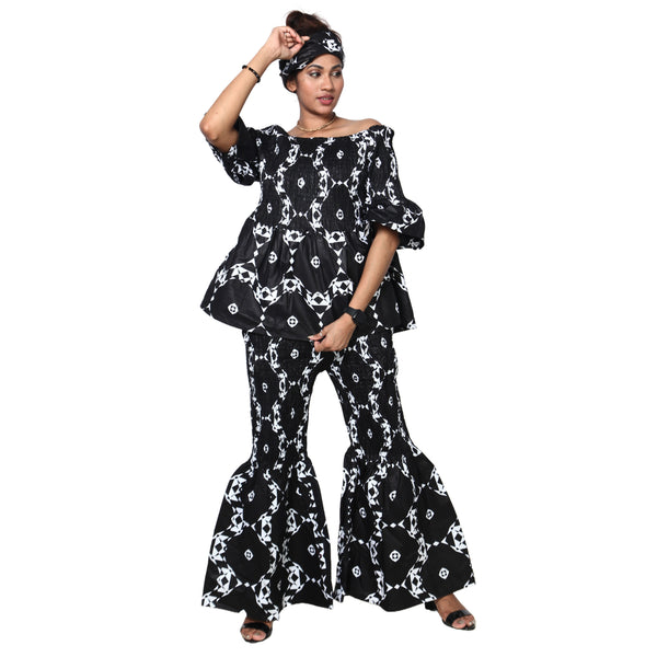 Women's Smocked Off Shoulder Peplum Top and Flare Pants Set -- FI-4043