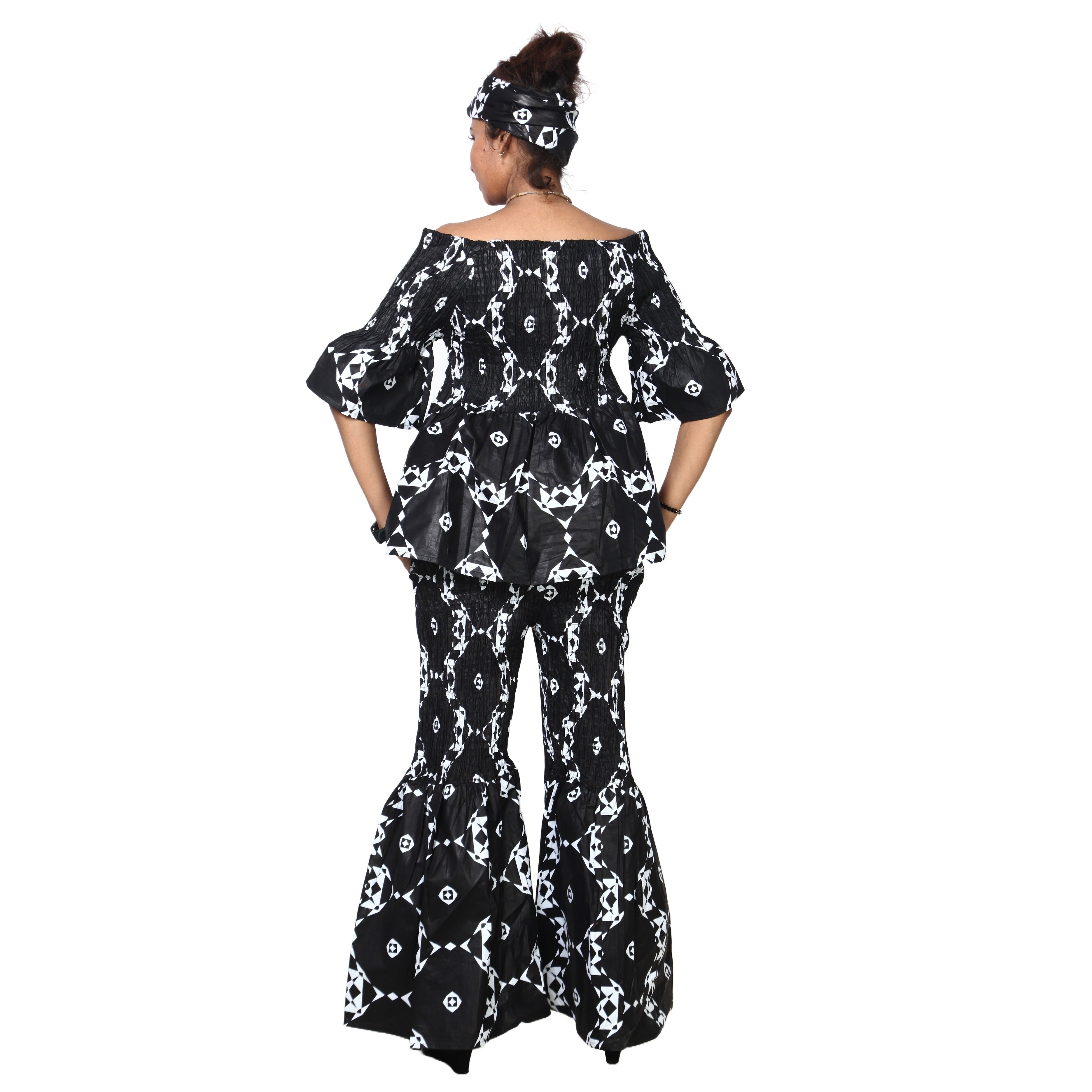 Women's Smocked Off Shoulder Peplum Top and Flare Pants Set -- FI-4043