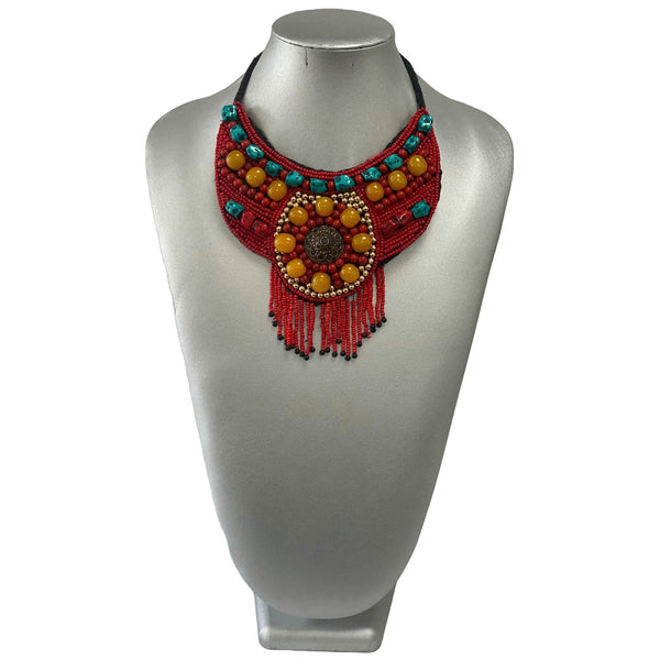 African Red Beaded Orange and Turquoise Gemstone Necklace ONLY -- Jewelry A33