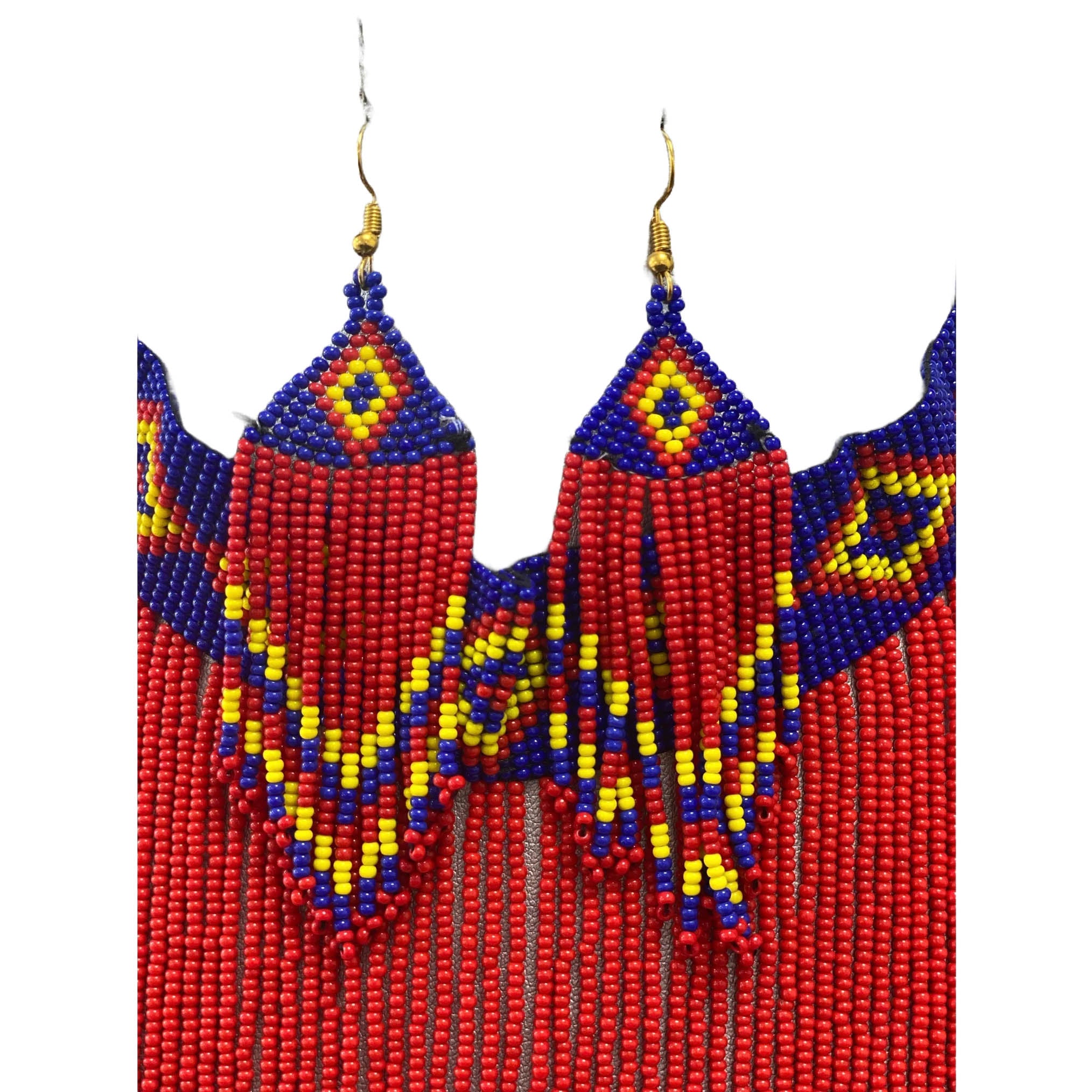 African Tribal Beaded Long Layered Necklace Set -- RED -- Jewelry A18
