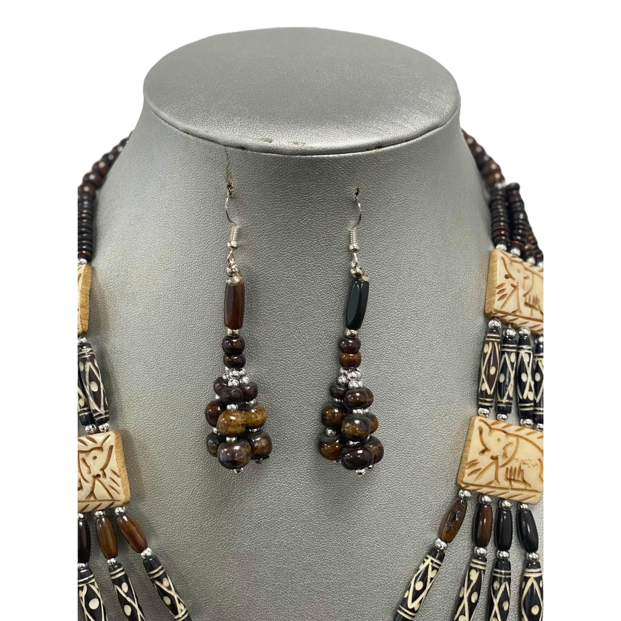 African Elephant Tribal Black Beaded Necklace Set -- Jewelry A22