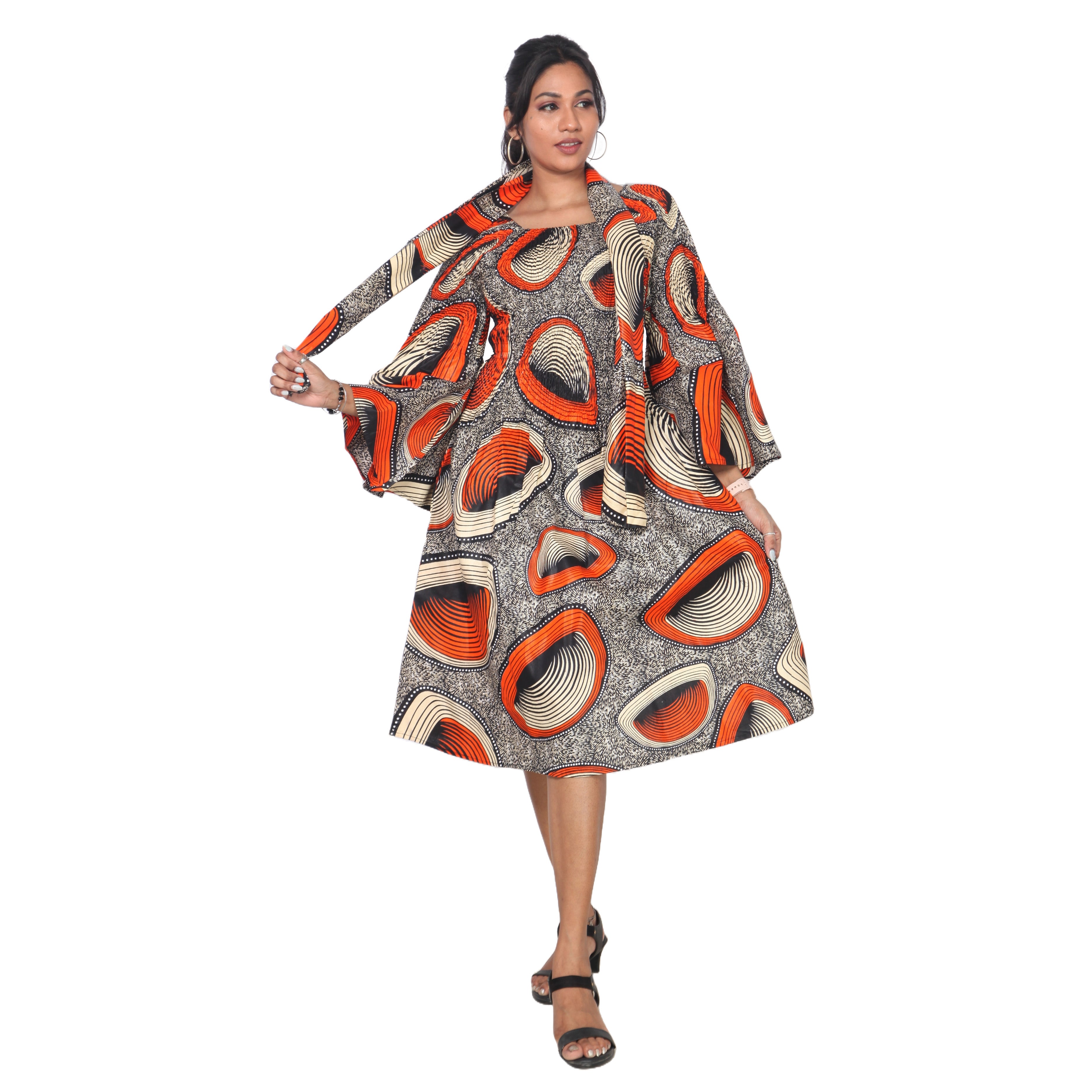Women's Long Sleeve Smocking Short Dress with Bell Sleeves -- FI-50073