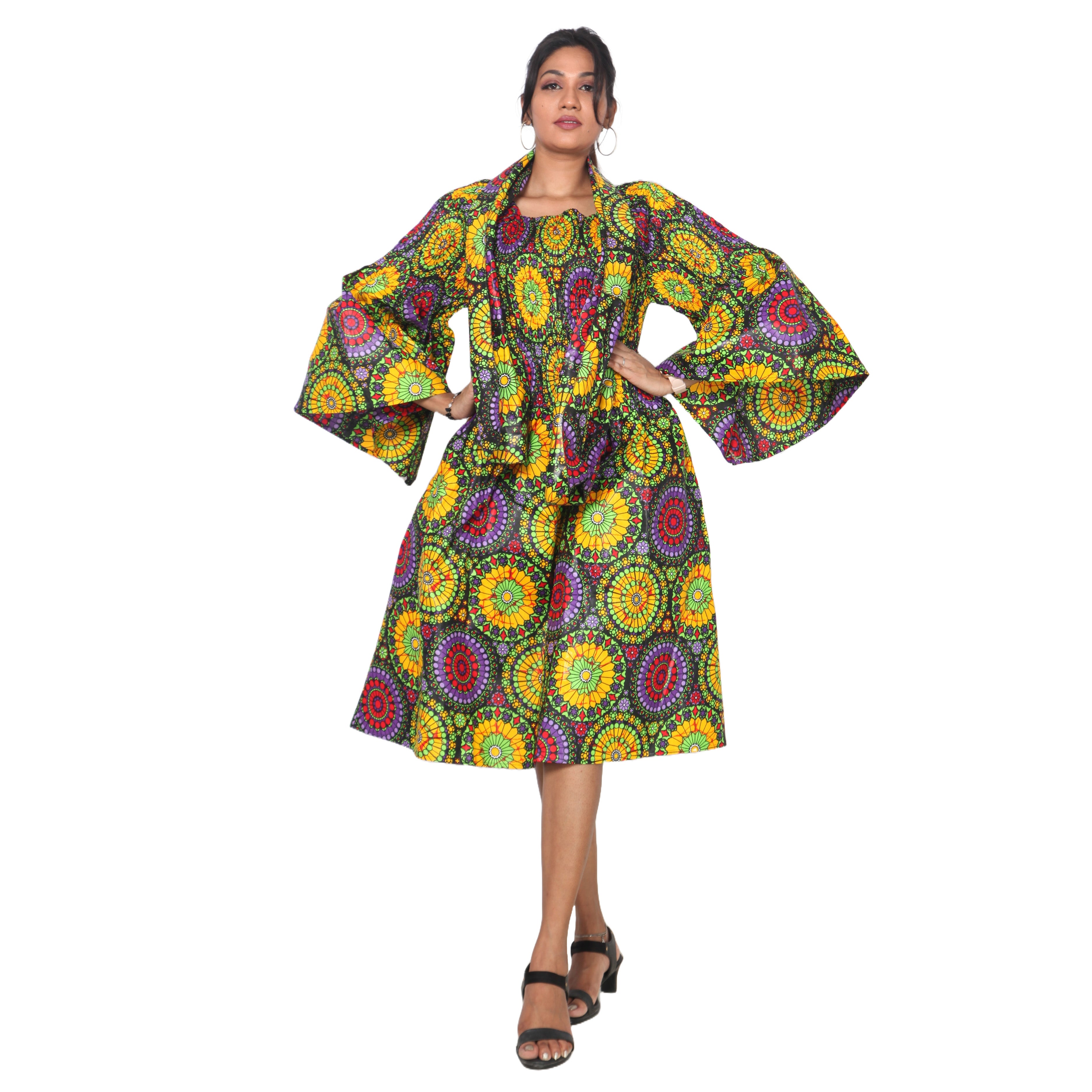 Women's Long Sleeve Smocking Short Dress with Bell Sleeves -- FI-50073