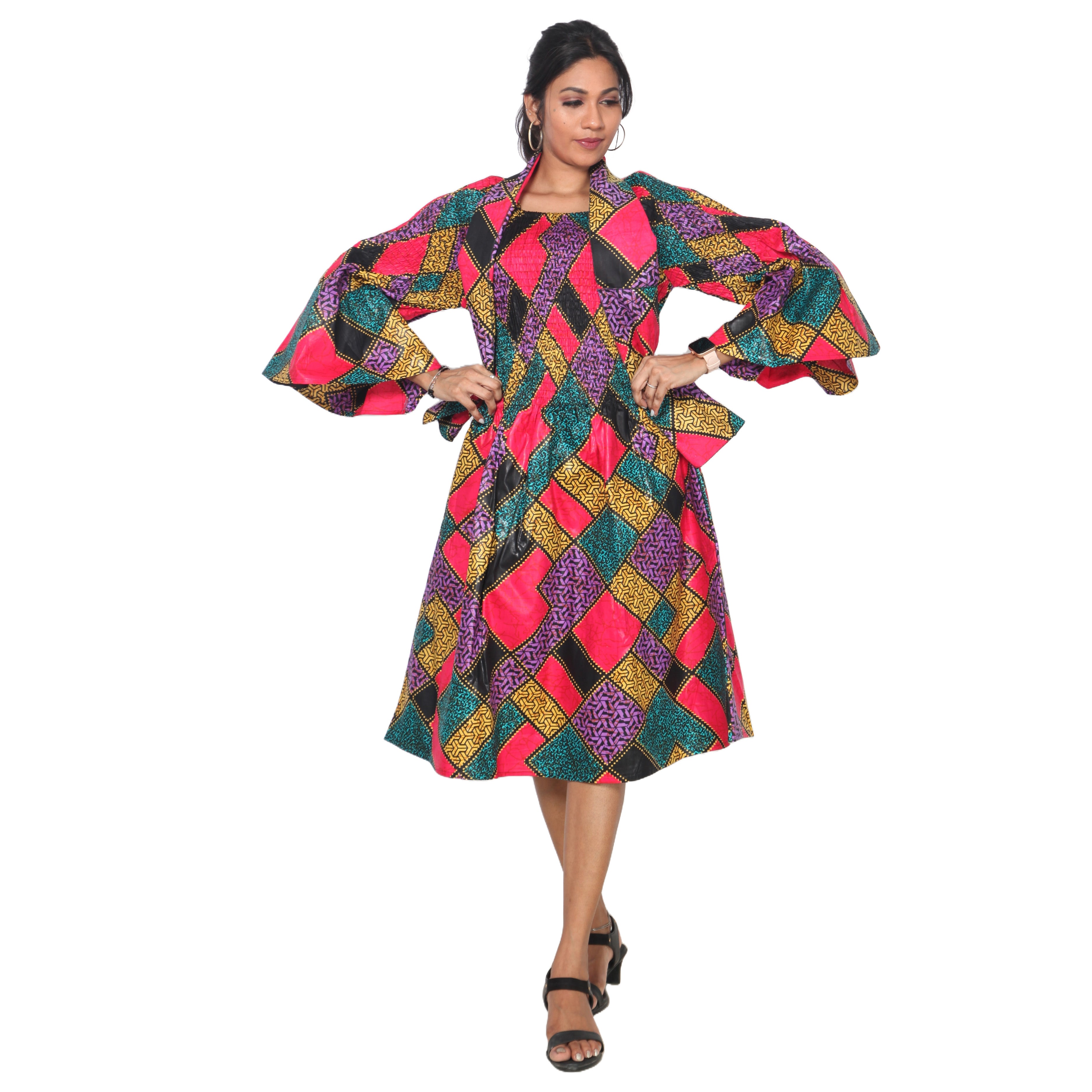 Women's Long Sleeve Smocking Short Dress with Bell Sleeves -- FI-50073