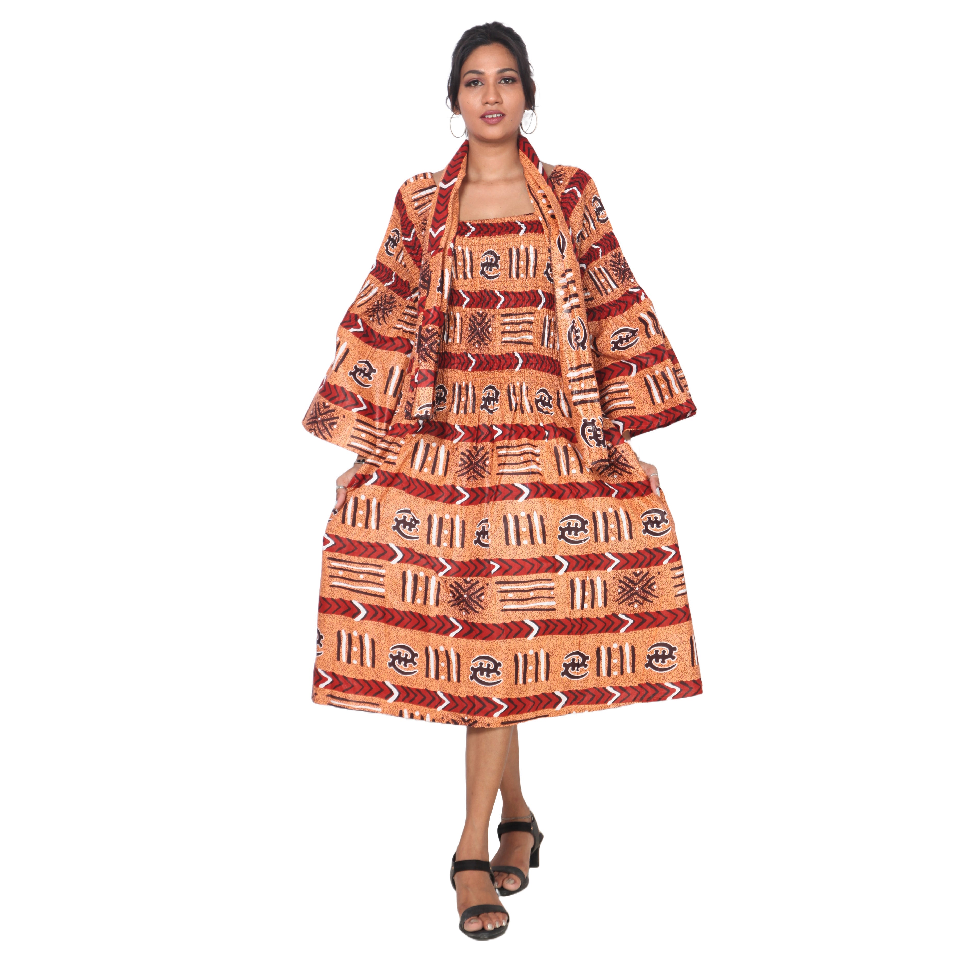 Women's Long Sleeve Smocking Short Dress with Bell Sleeves -- FI-50073