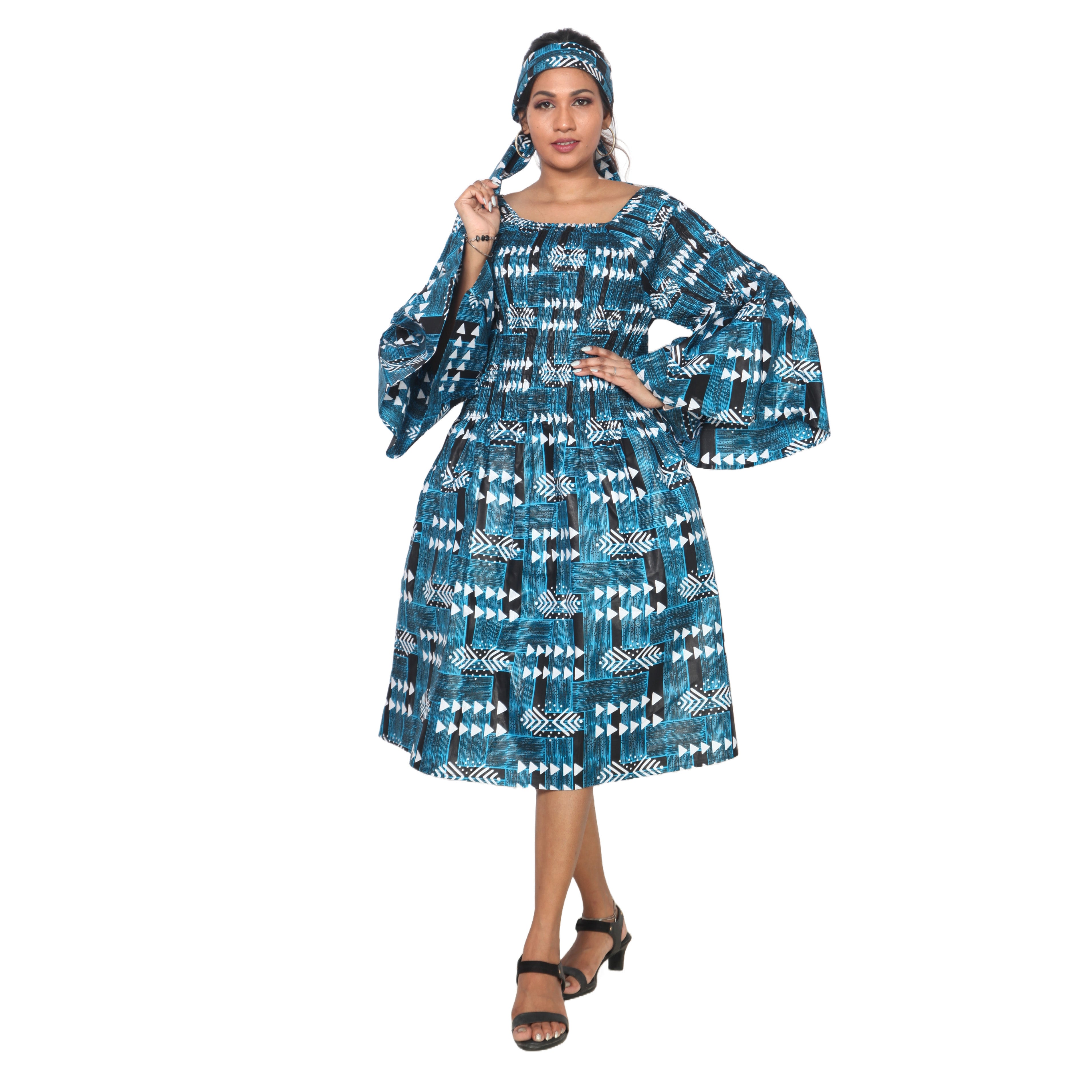Women's Long Sleeve Smocking Short Dress with Bell Sleeves -- FI-50073