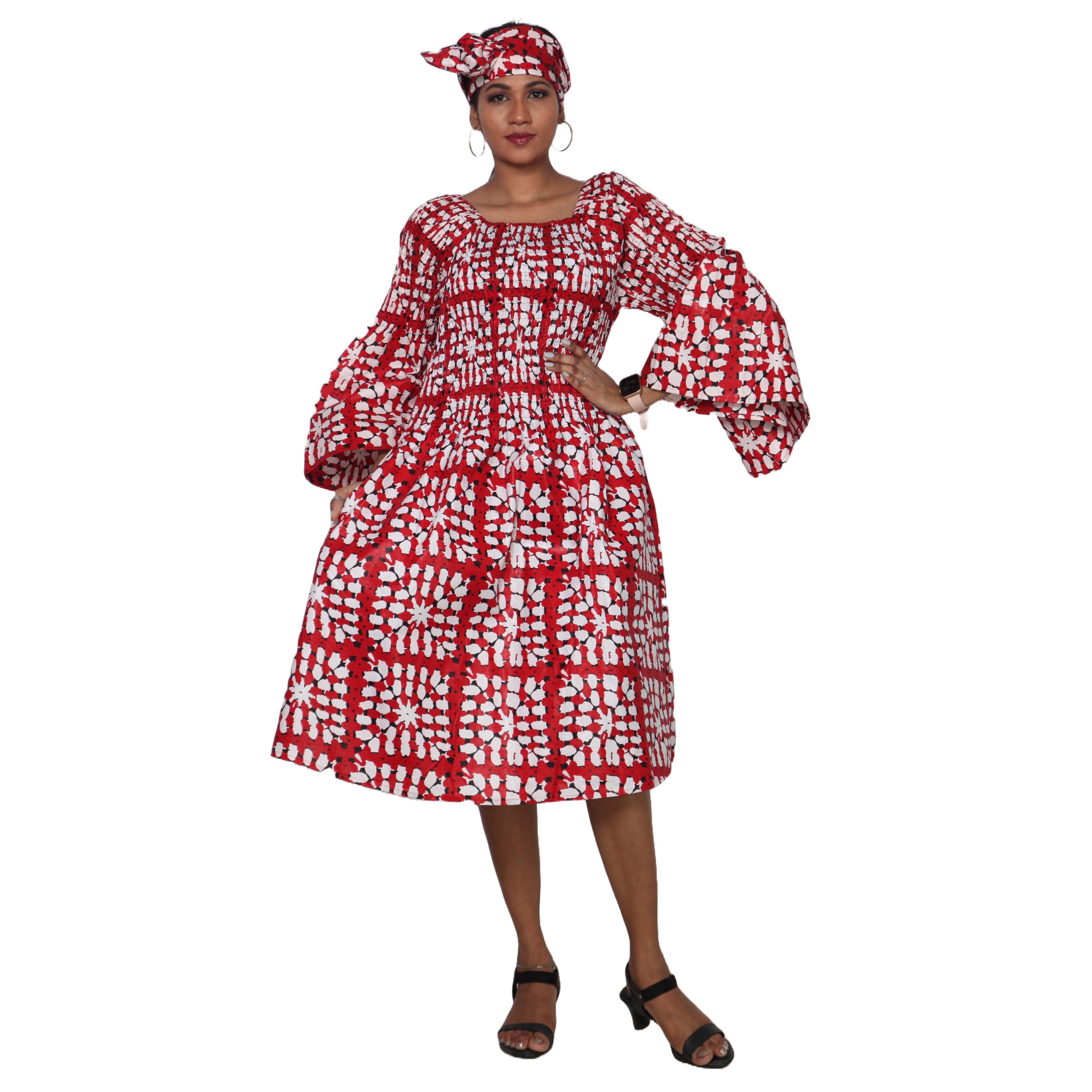 Women's Long Sleeve Smocking Short Dress with Bell Sleeves -- FI-50073
